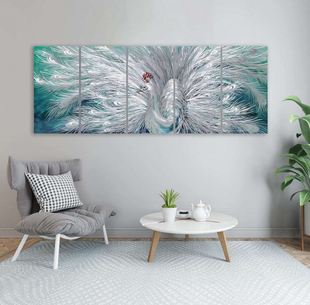 Yihui Arts Peacock Metal Wall Art, Teal and Silver Aluminum Artwork, Modern Sculpture for Living Room Bedroom Bathroom Decor
