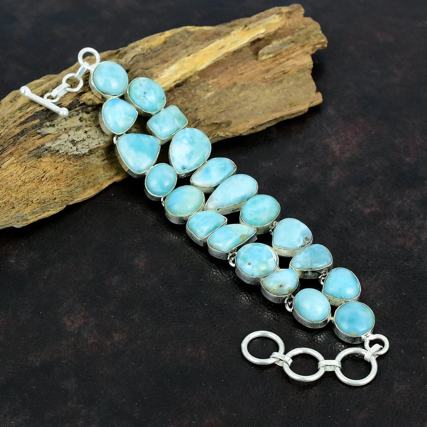 Solid 925 Sterling Silver Larimar Gemstone Bracelet – Natural Blue Larimar Stone, Women’s Stretch Silver Bracelet
