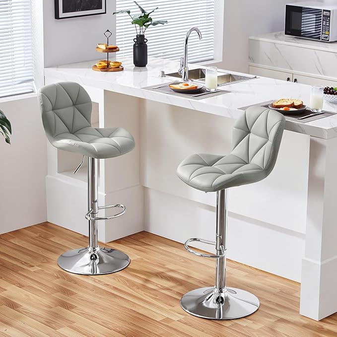 Yaheetech Grey Bar Stools Set of 2, PU Leather Bar Chairs with Backrest, Height Adjustable Swivel Island Stools for Bar, Kitchen Counter, Light Grey