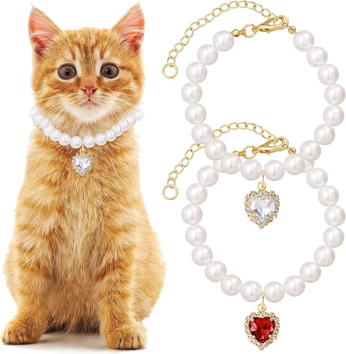Mxxipp 2pcs Pearl Collar for Cat Puppy, Small Cute Heart Shape Rhinestone Pet Necklace, Adjustable Wedding Party Pet Jewelry Accessories for Puppy Kitten- Green & Pink