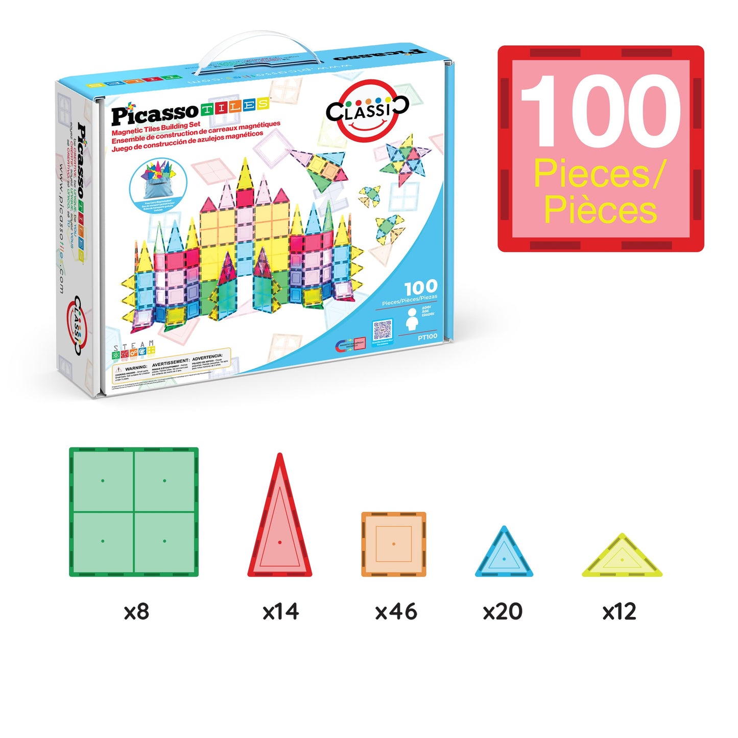 PicassoTiles 100 Piece Set 100pcs Magnet Building Tiles Clear Magnetic 3D Blocks Construction Playboards, Creativity Beyond Imagination, Inspirational, Recreational, Educational Conventional