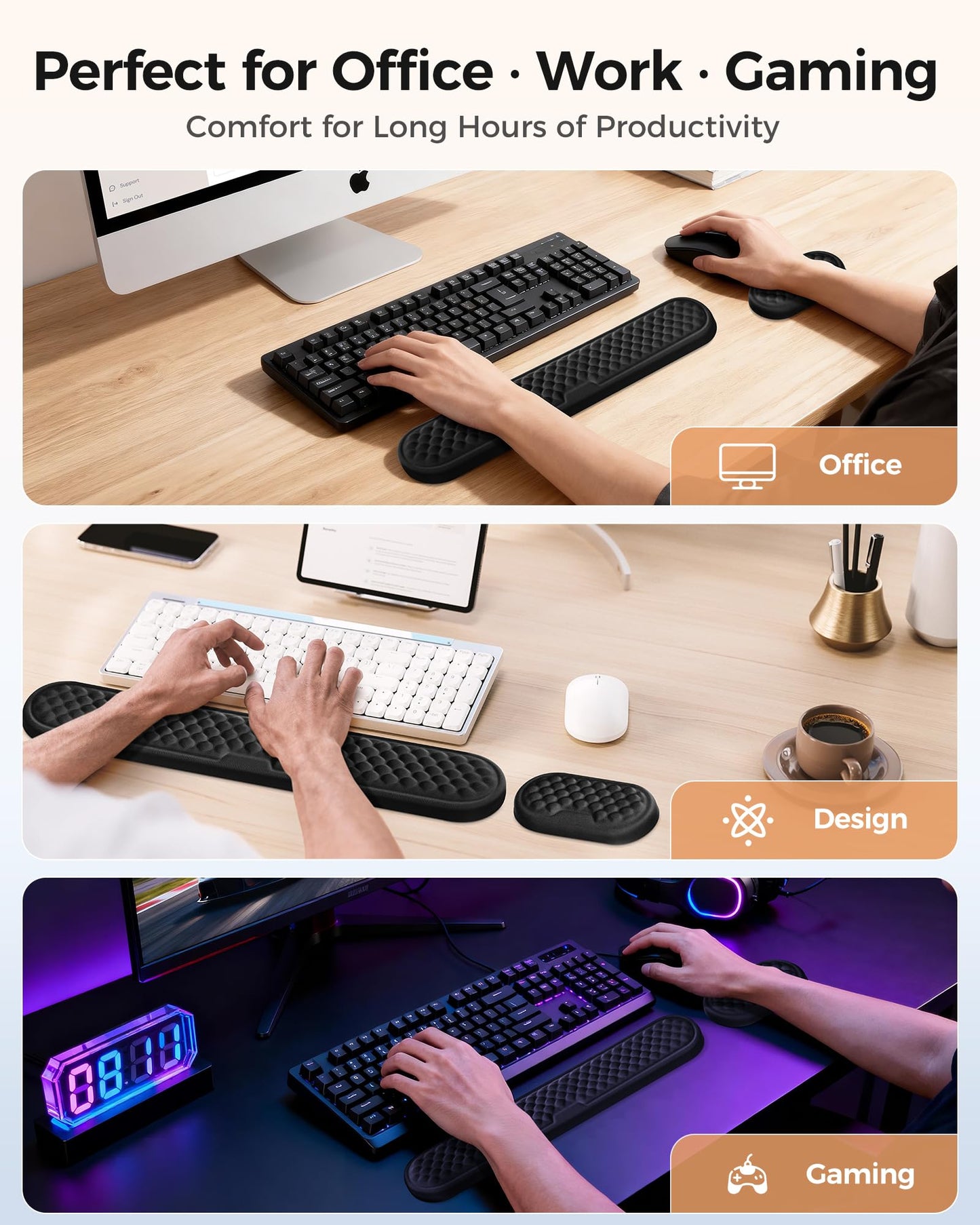 Wrist Rest Set for Keyboard and Mouse, Ergonomic Wrist Support with Memory Foam, Silky Lycra Cover, Non-Slip Base, Helps Ease Wrist Pressure and Fatigue During Long Typing and Gaming Sessions (Black)