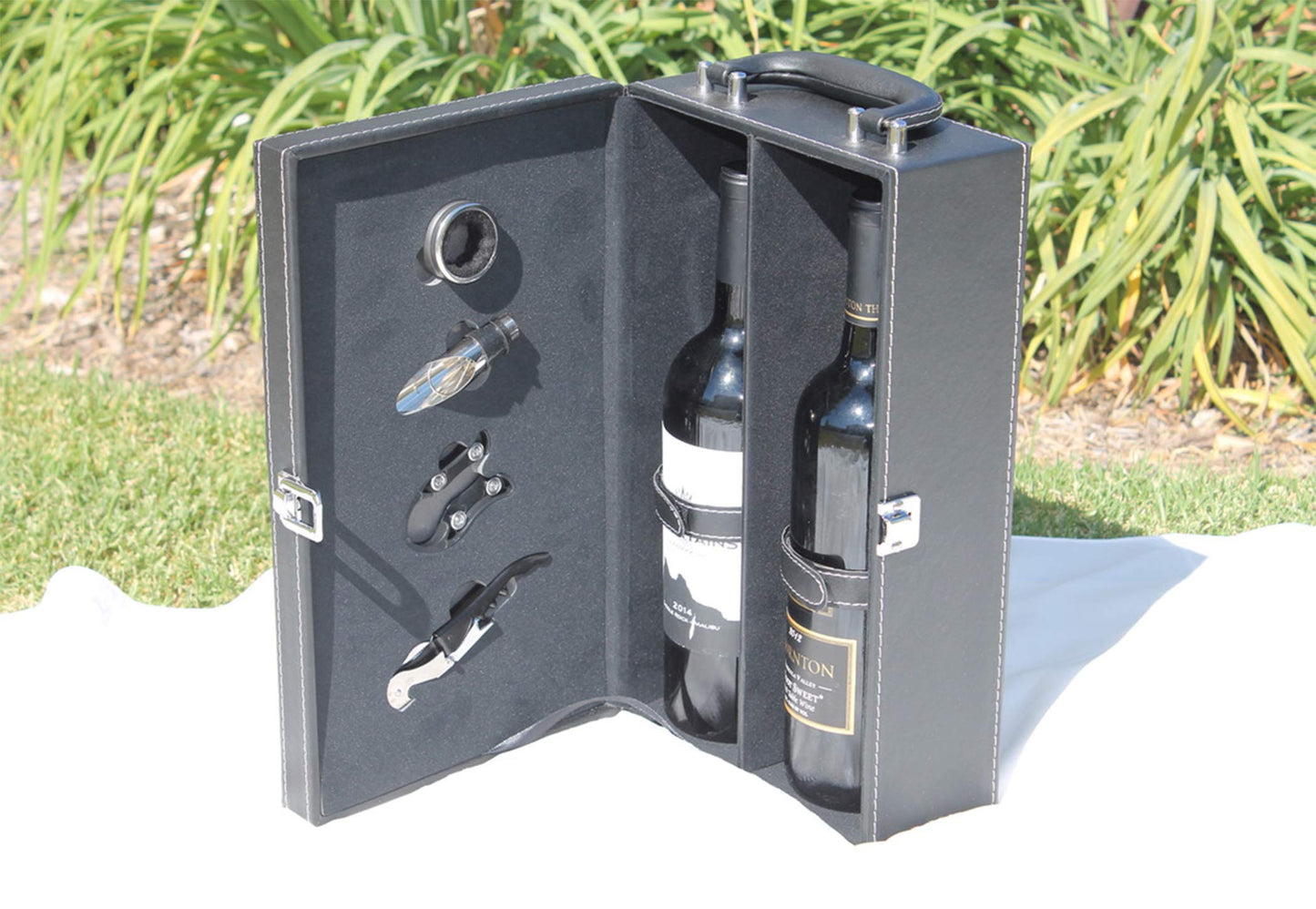 Digilant Lifestyle Top Handle Travel Two-Bottle Wine Carrier Case with 4 Piece Wine Accessory Set (Brown)