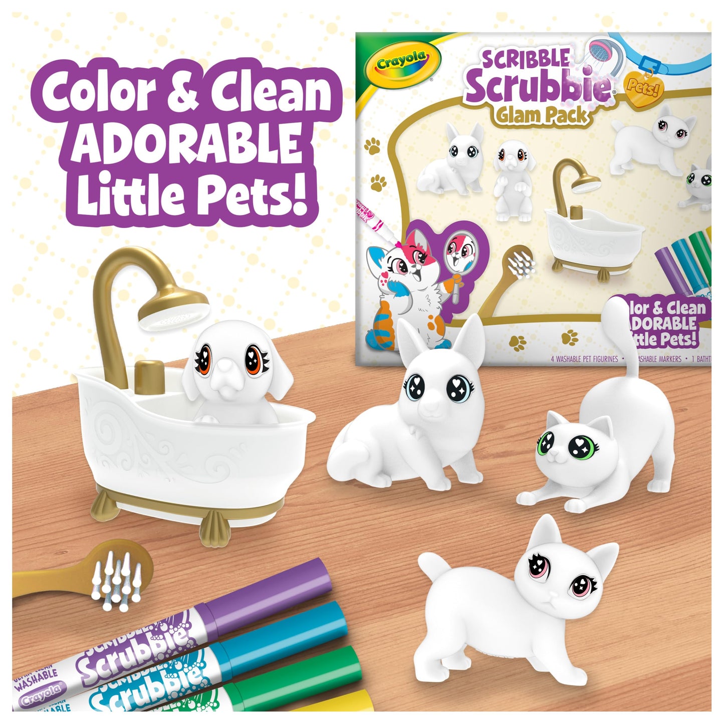 Crayola Scribble Scrubbies Glam Pack (4 Pets), Washable Pet Care Toy & Coloring Animal Craft Kit, Gift for Kids, Playset for Girls & Boys, Ages 3+