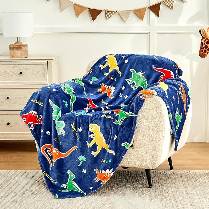 SOCHOW Glow in The Dark Dinosaur Blanket for Sons Daughters, Toys for 3-10 Year Old Preteen Teen Birthday Presents, Soft Cozy Flannel Throw Blanket for All Seasons, Blue 50 x 60 Inches