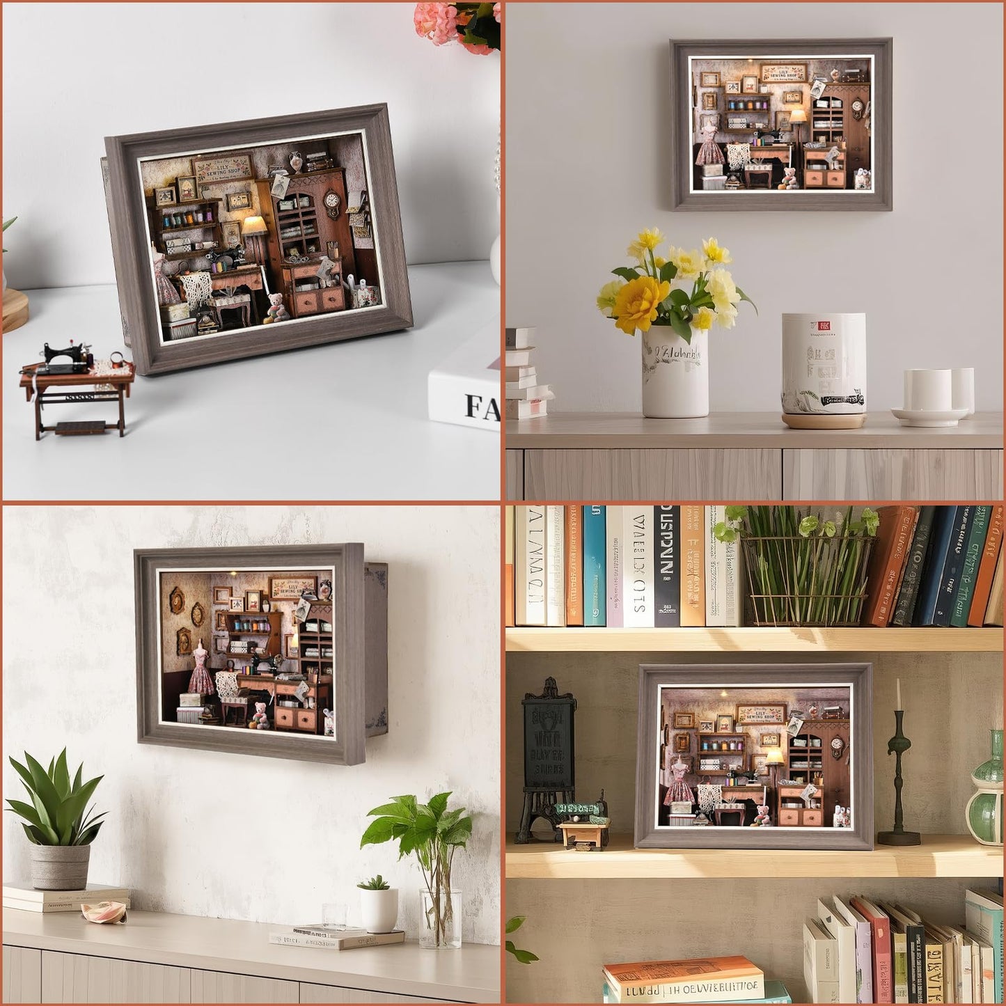 Book Nook Kit - 3D Wooden Puzzle with LED Switch Control & Wall-Mountable Frame，DIY Miniature House for Beginners，Bookshelf/Tabletop/Wall Decor for Craft Lovers，Dollhouse Gift (Lily Sewing Shop)