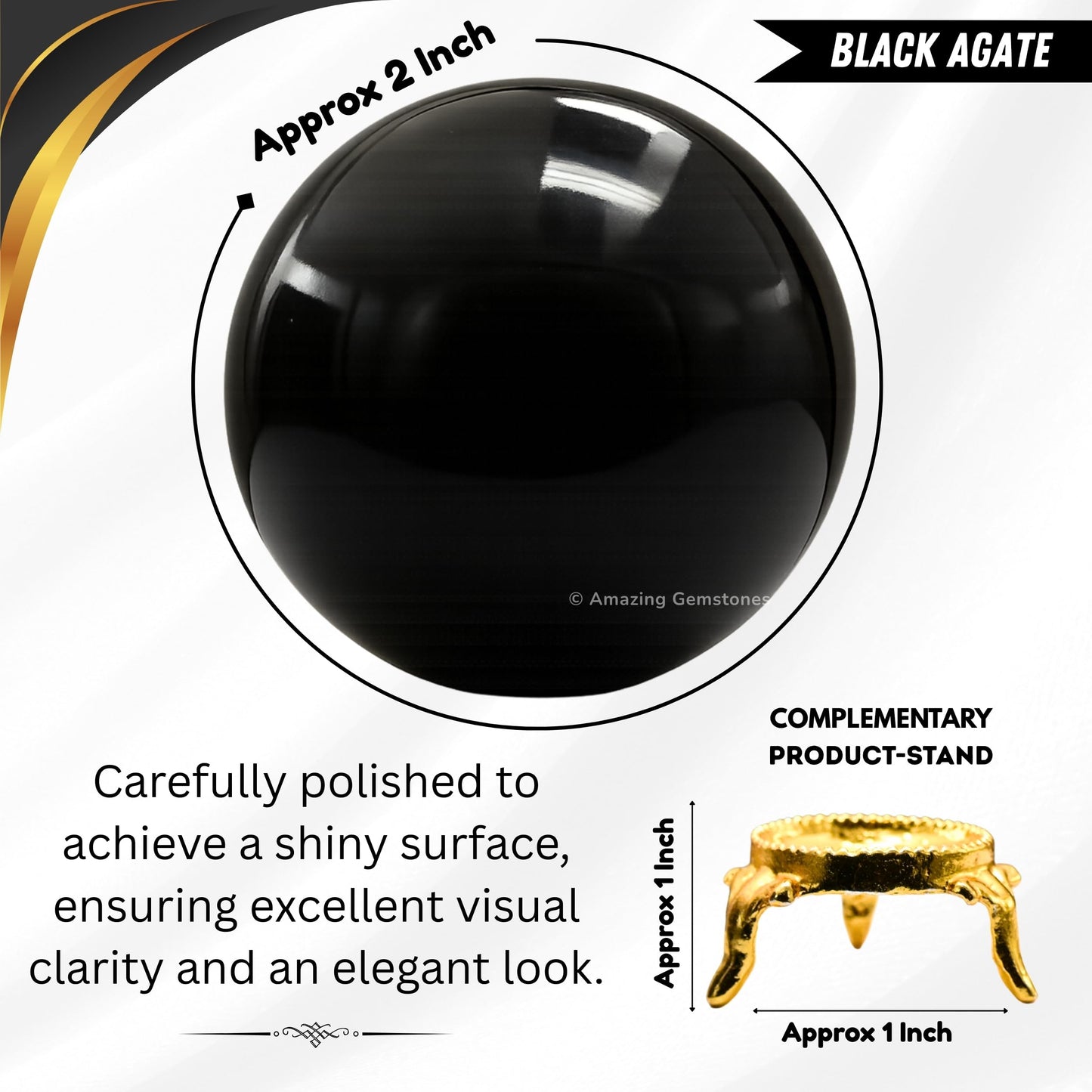 Amazing Gemstone Black Agate Crystal Ball with Stand - 2" Inches Crystal Sphere Meditation Balls for Witchcraft and Decorative Balls