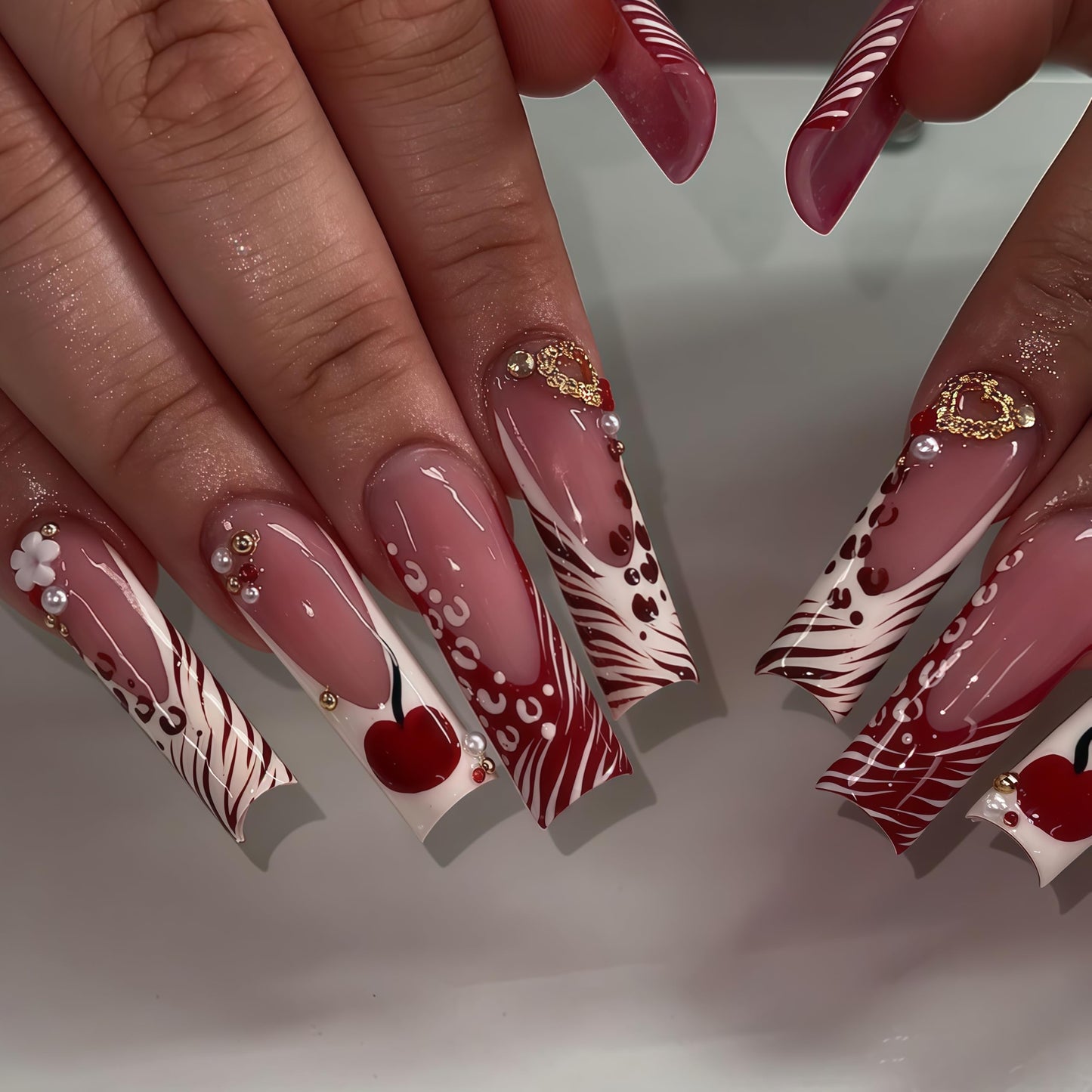 Long Press on Nails Square Fake Nails Red Acrylic Nail Press Ons Seeneey Cherry and Gold Charm Designs Leopard Stick on Nail for Women 24pcs