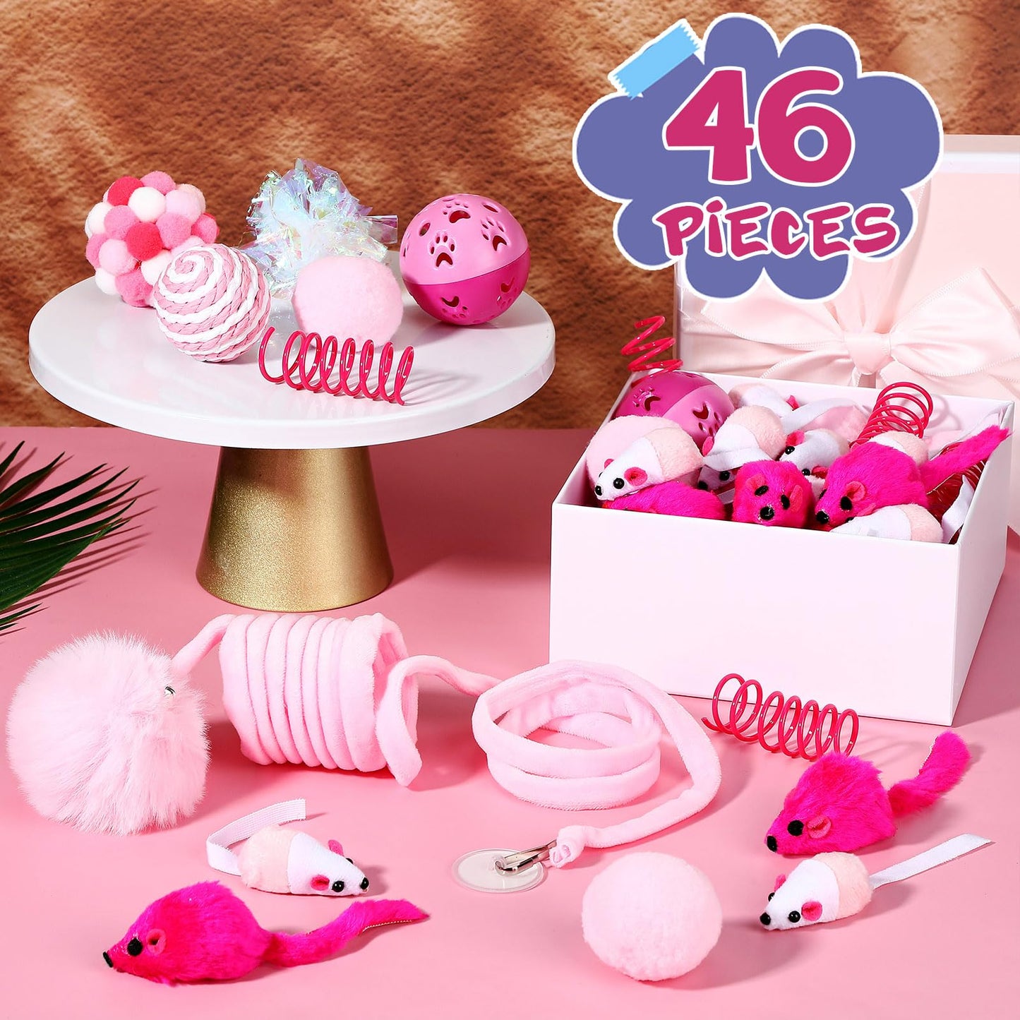 Gemscream 46 Pcs Cat Toys Set Interactive Cute Cat Toys Include Fur Mice Rattle Springs Crinkle Balls Pompom Bell Sisal Ball Puzzle Chase Toys for Kitten Indoor Stuff Gift(Pink)