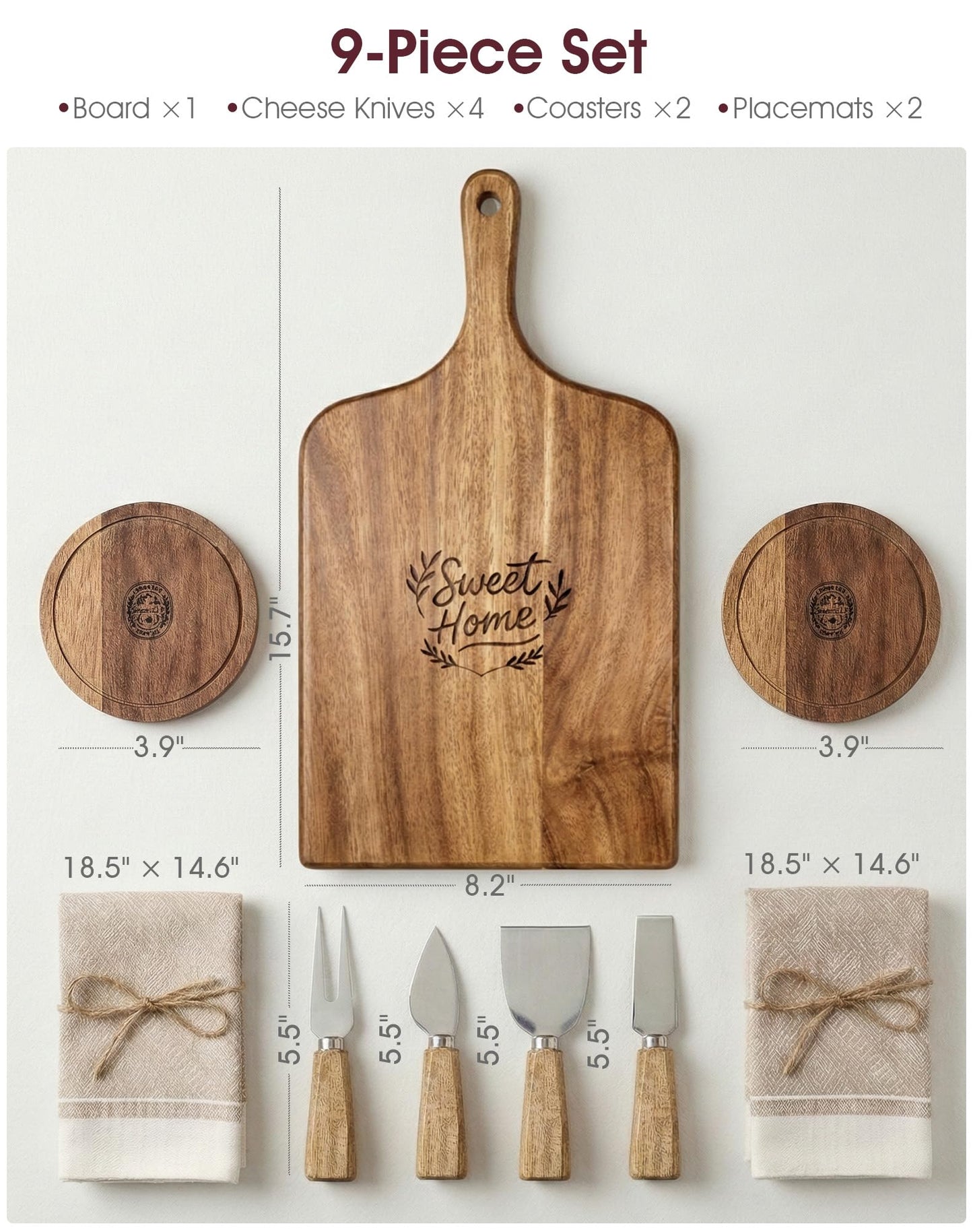 GleeNflux Charcuterie Board Gift Set, 9-Piece Acacia Wood Cheese Board with Knife Set, Elegant Serving Tray with Accessories, Gift Ready for Couples, Housewarming & Wedding