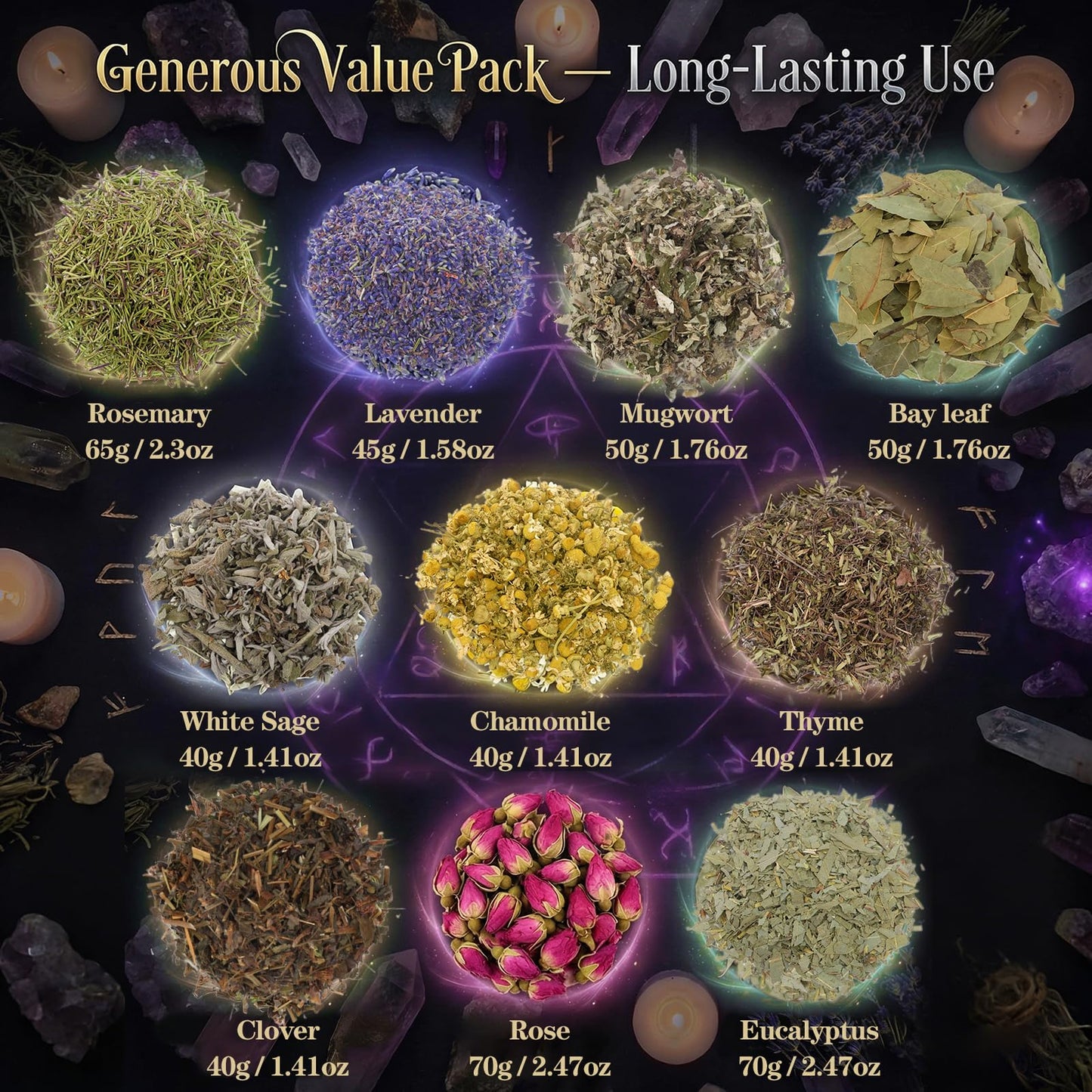 10 Pack Large Dried Flowers Set –Bulk Herbs for Witchcraft Supplies, Used Potpourri Simmer Pot, Spell Jar, Candle Soap Making, DIY Crafts – Lavender, Rose, White Sage, and More, Each Bag Above 4.41oz