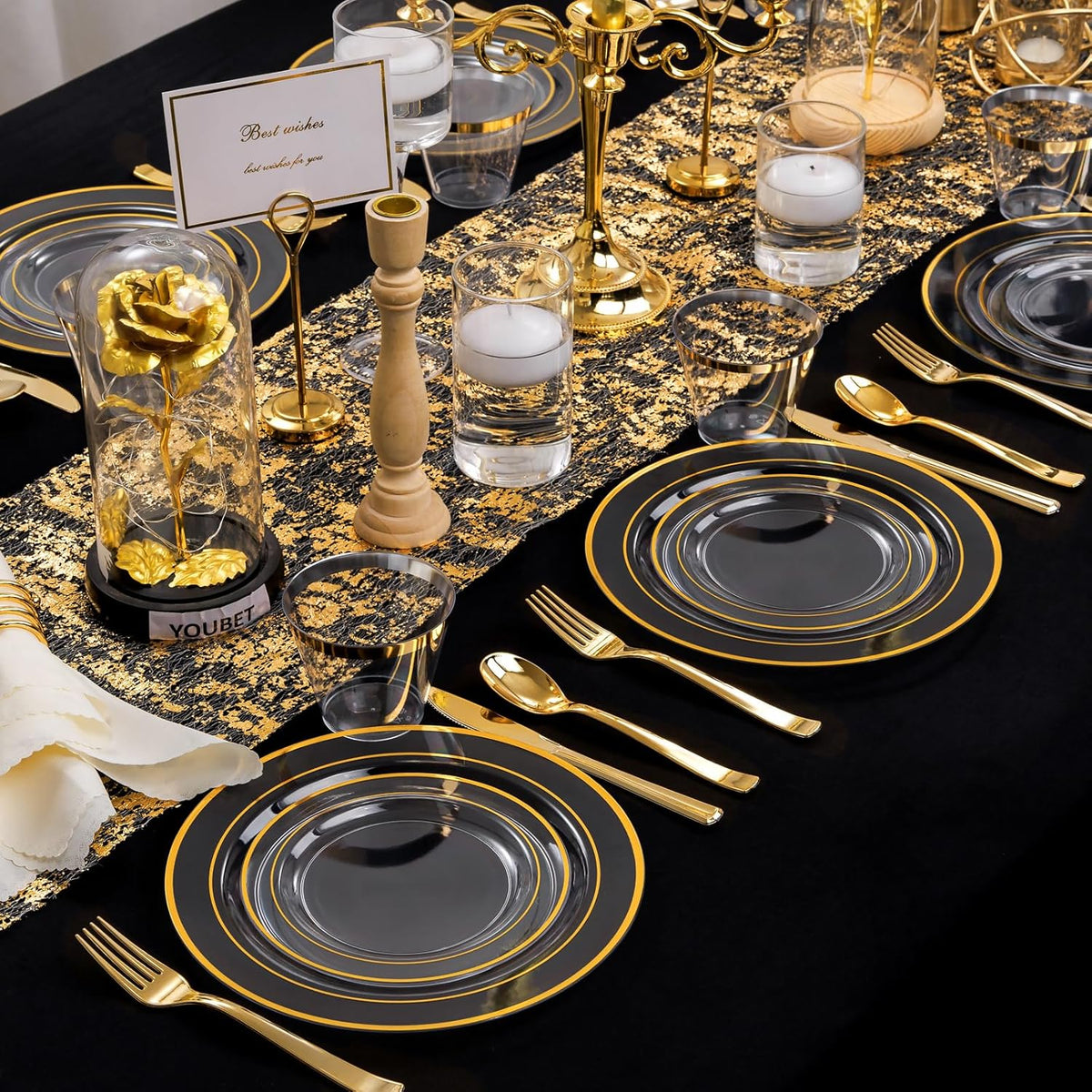 WELLIFE 600pc Gold Trim Plastic Dinnerware Set for Party: 100 Dinner Plates, 100 Dessert Plates, 300 Cutlery