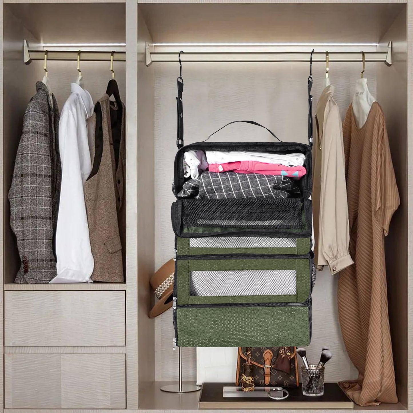 Olosar Suitcase Organizer, Travel Luggage Organizer Portable Hanging Travel Shelves Collapsible Hanging Packing Cubes for Carry on Suitcase, Army Green -M