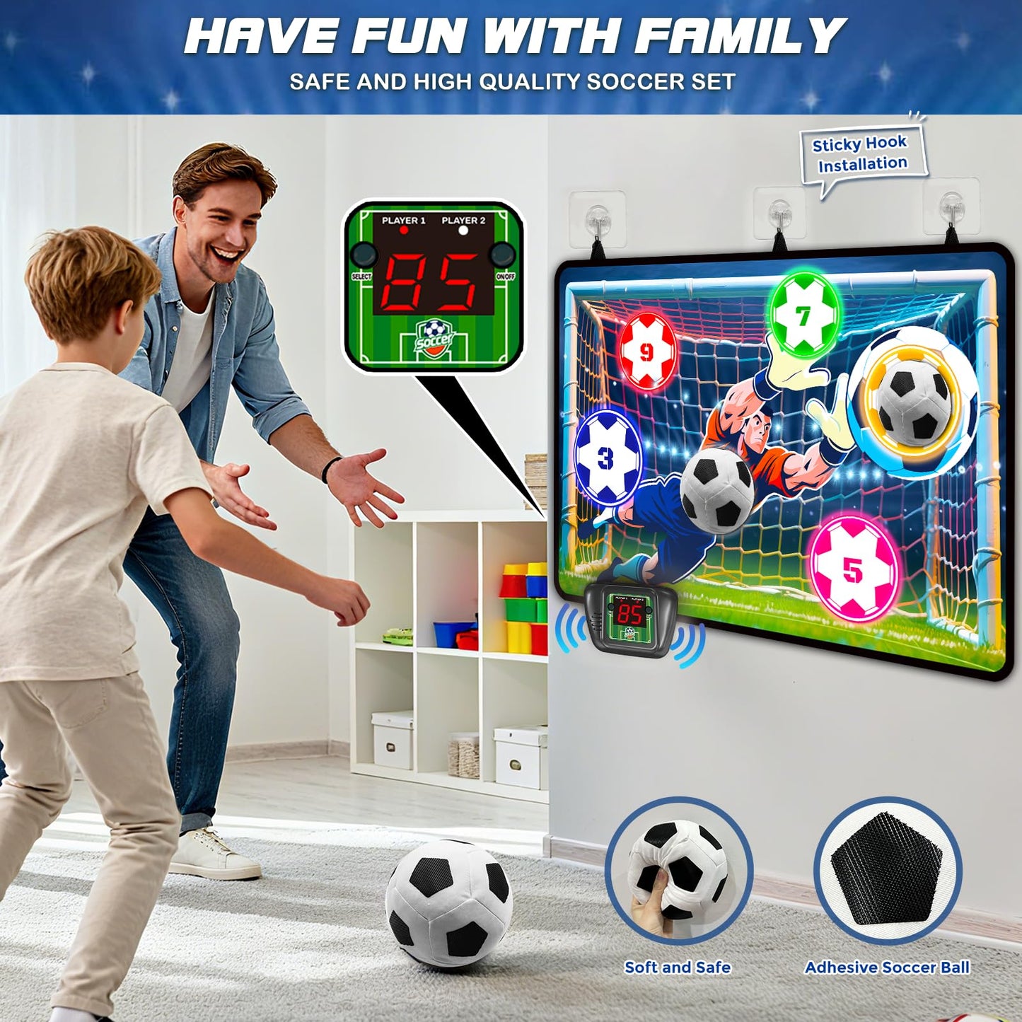 VATOS Electronic Scoring Soccer Toy Game Set for Kids, Indoor Outdoor Soccer Training Target with Real-Time Scoring, 2 Modes, Fabric Goal and 2 Soft Balls, Fun Sport Birthday Ages 3+