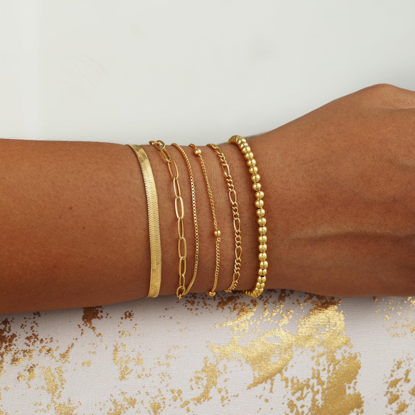 VIROMY Gold Bracelets for Women Waterproof,14K Gold Plated Layered Stackable Bead Bracelet Adjustable Size Jewelry Sets Gifts 6PCS