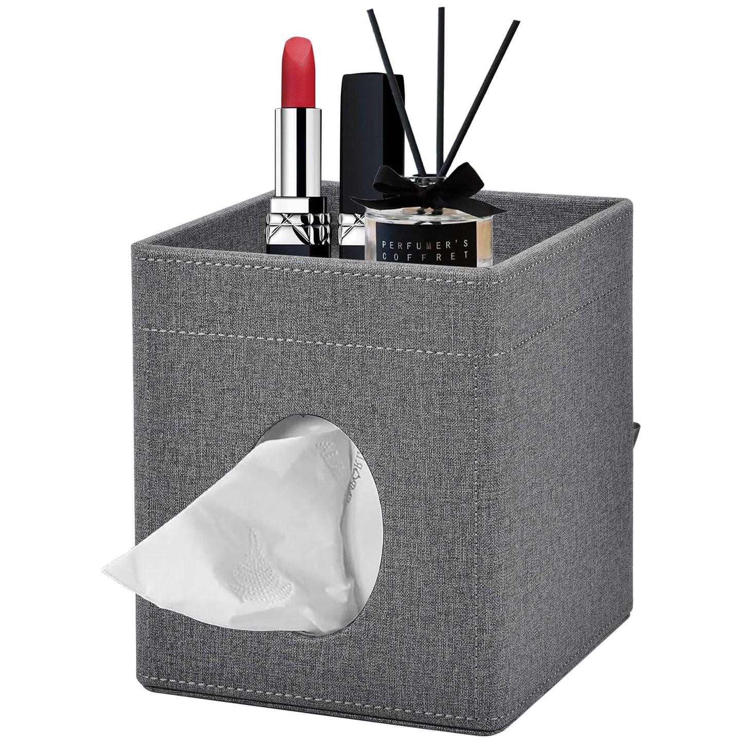XNONE Tissue Box Cover with Storage Tray Square Tissue Box Holder PU Leather Facial Tissues Organizer Tray for Bathroom Vanity Bedroom Office Car,Stylish Napkin Caddy Decorative Organizer (Grey)