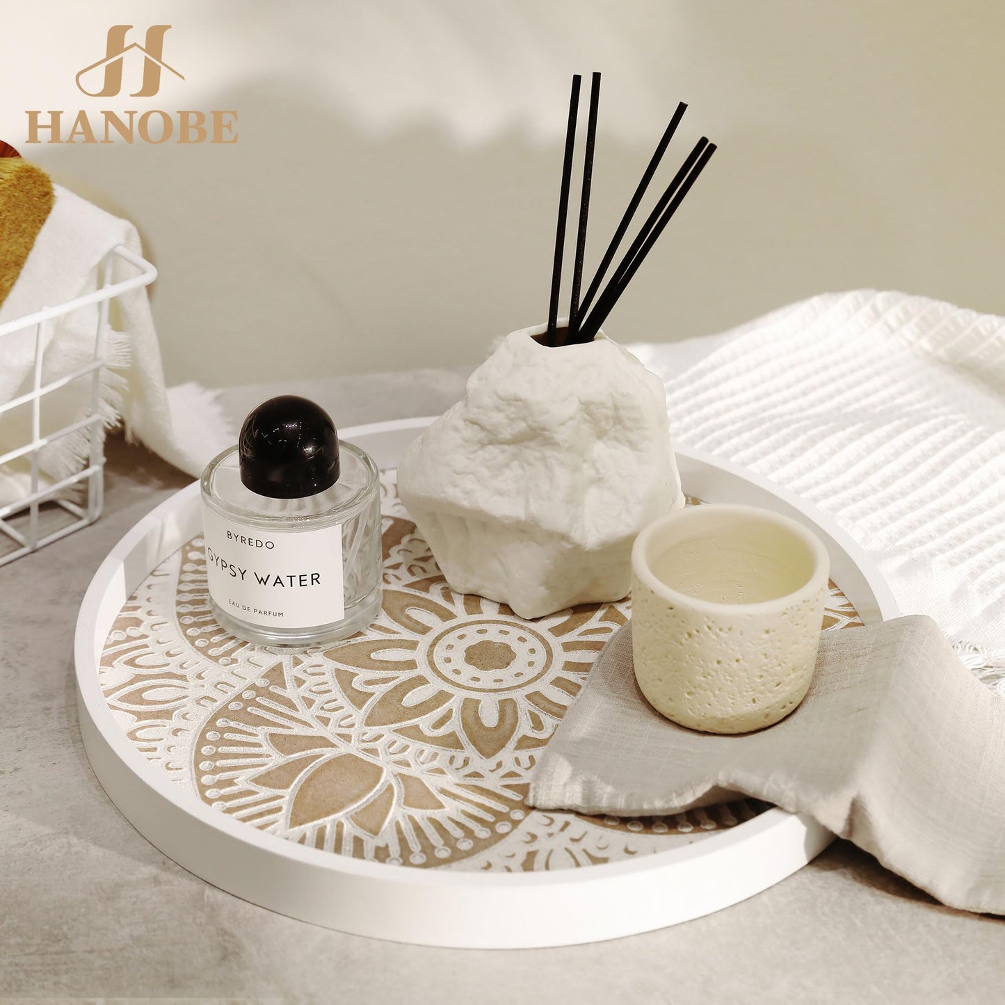 Hanobe Decorative Serving Tray Round: Farmhouse Coffee Table Decor Boho White Mandala Trays for Living Room Kitchen Bathroom Display