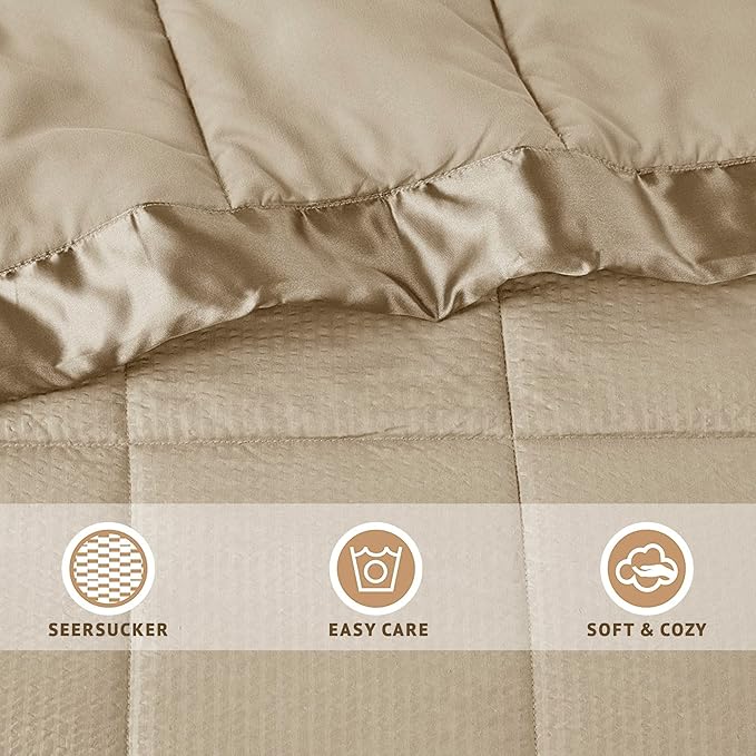 Madison Park Cambria Down Alternative Blanket, Premium 3M Scotchgard Moisture Wicking Treatment, Lightweight and Soft Bed Cover For Summer with Satin Trim, Oversized Twin Taupe