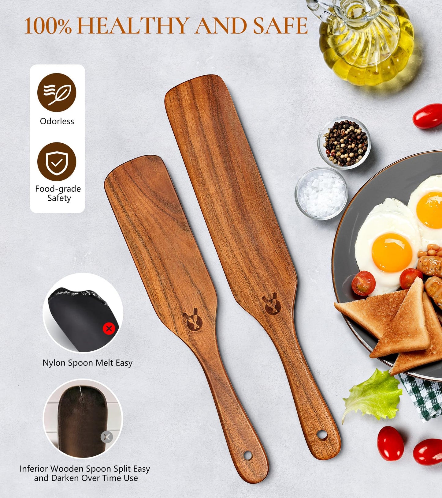 2Pcs Spurtles Kitchen Tools Wooden, Wooden Spurtle Spatula Set for Sourdough Starter, Natural from High Moist Resistance Teak, Kitchen Utensils for NonStick Cookware