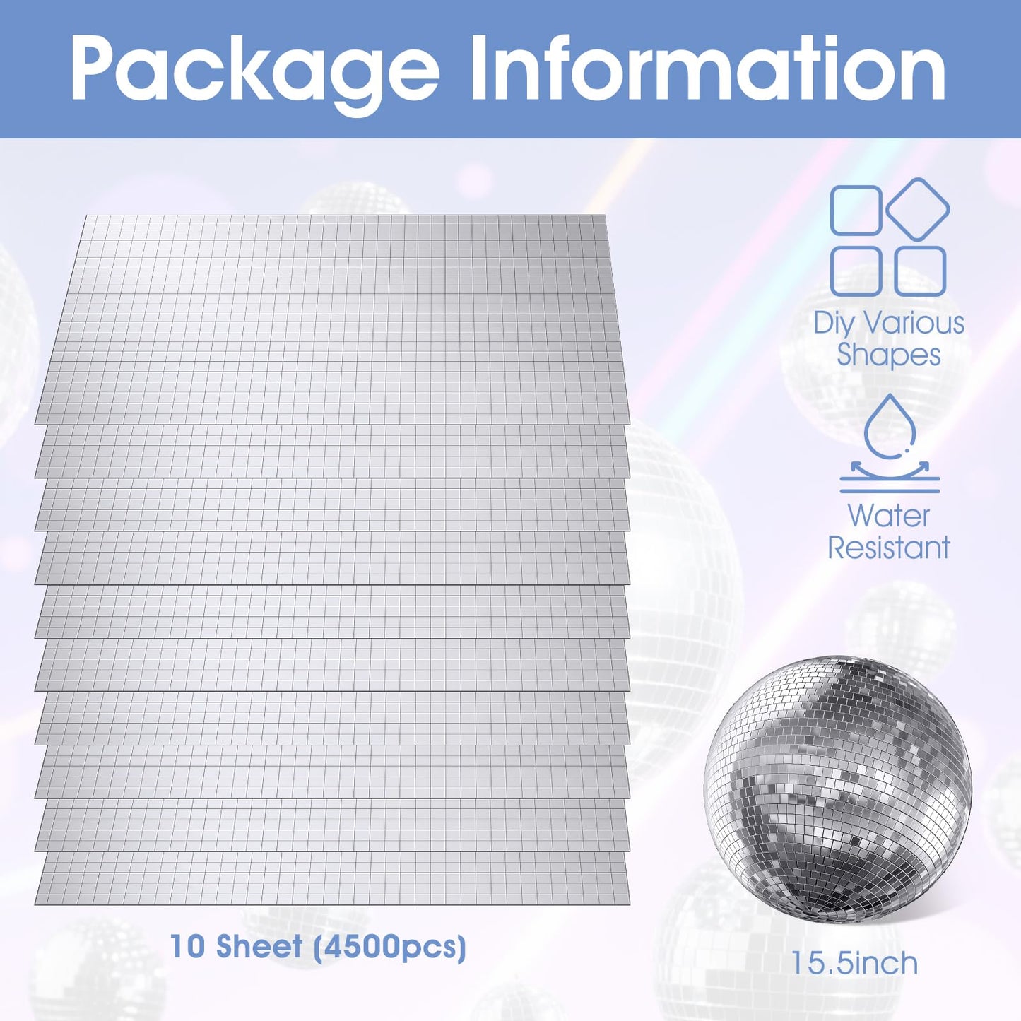 4500 PCS/10 Sheets Mirror Tiles Self Adhesive, 10x10mm Disco Tile for DIY Craft, Home & Party Decoration, Sparkling Glass Mirror Mosaic Tiles for DIY Craft Decoration, Art Collage (Silver)