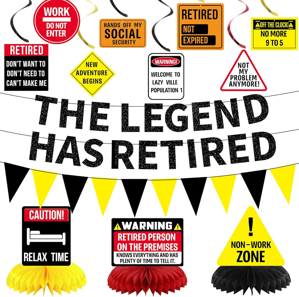 Roetyce Retirement Decorations Men Women, Caution Happy Retirement Banner Hanging Swirls Centerpieces Kit, Funny Legend Retired Party Supplies Backdrop for Coworker Family