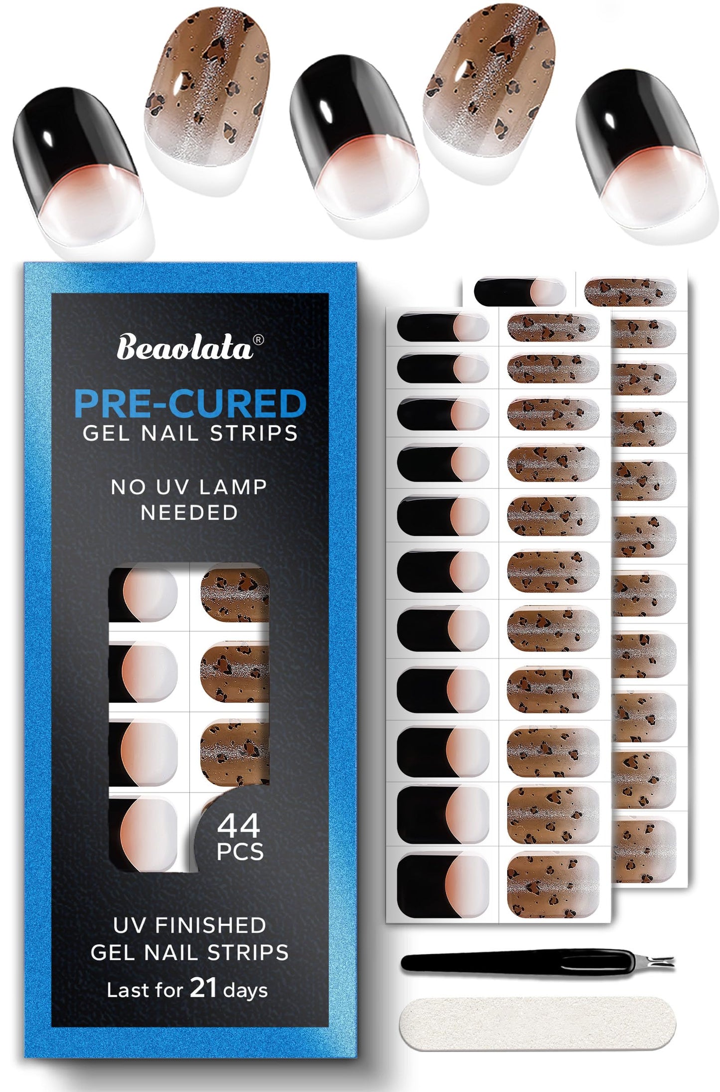 Beaolata Real Gel Nail Strips (No UV Light Needed) - 44Pcs Salon Quality Nail Stickers - Long Lasting Polish Wraps for Women, Easy Apply & Remove (Daring Dusk Black)