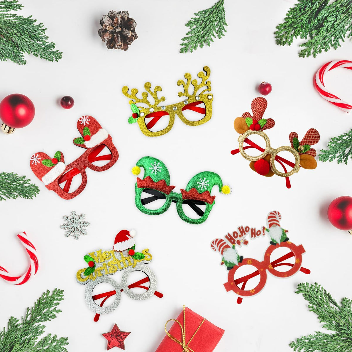 24 Pcs Christmas Glitter Accessories Bulk for Kids Adults,Christmas Party Favors Supplies Classroom Goodie Bag Stocking Stuffers,Funny Xmas Eyeglasses,Costume Prizes Decorations Photo Booth Props