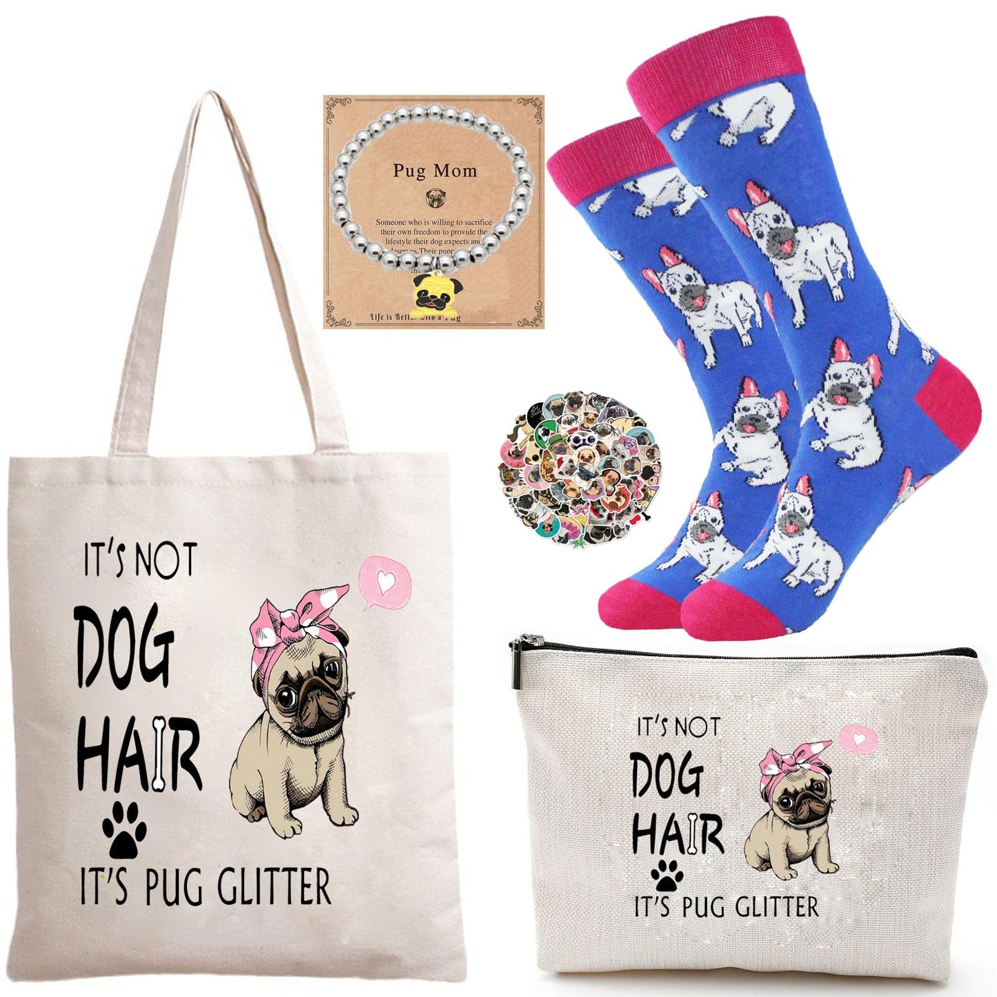 HIGHTERTON Pug Gifts for Women, 5pcs Gift Set for Dog Lovers With Reusable Bag, 50 Stickers, Ideal for Dog Moms and Pet Lovers