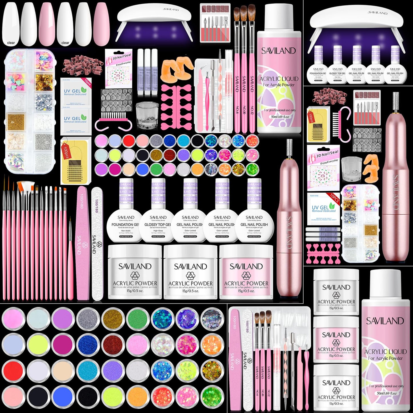 SAVILAND Acrylic Nail Kit: 2026 Hema-free Bio-based All-in-1 Nail Kit with Clear White Pink Acrylic Powder EMA Monomer Nail Drill Full Tools For Beginners Extension Carving Home DIY