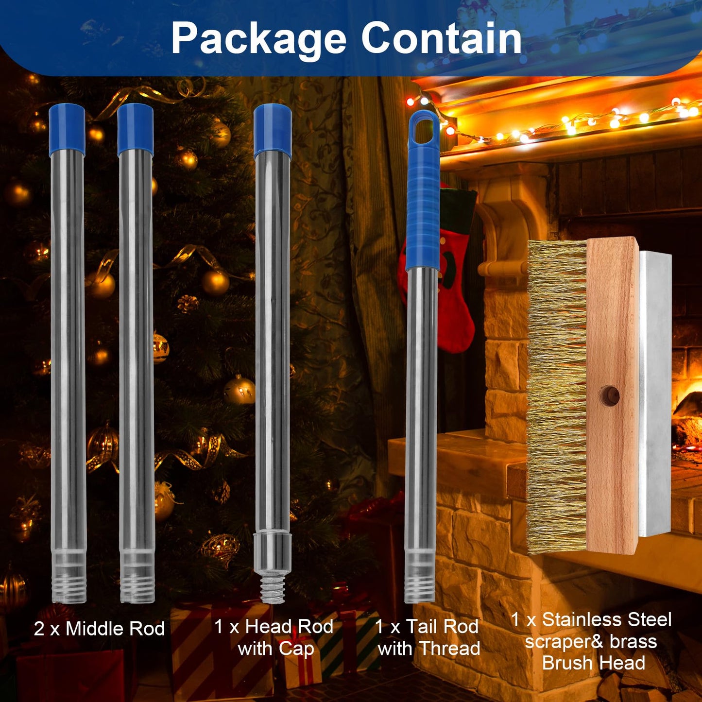 Pizza Oven Brush with Scraper and 4 Sections Detachable Long Rod and Scraper-Oven Brush for Removing Deep Burned-On Residue | Ideal for Pizza Shelf & Large Grills and Pizza Oven Accessories