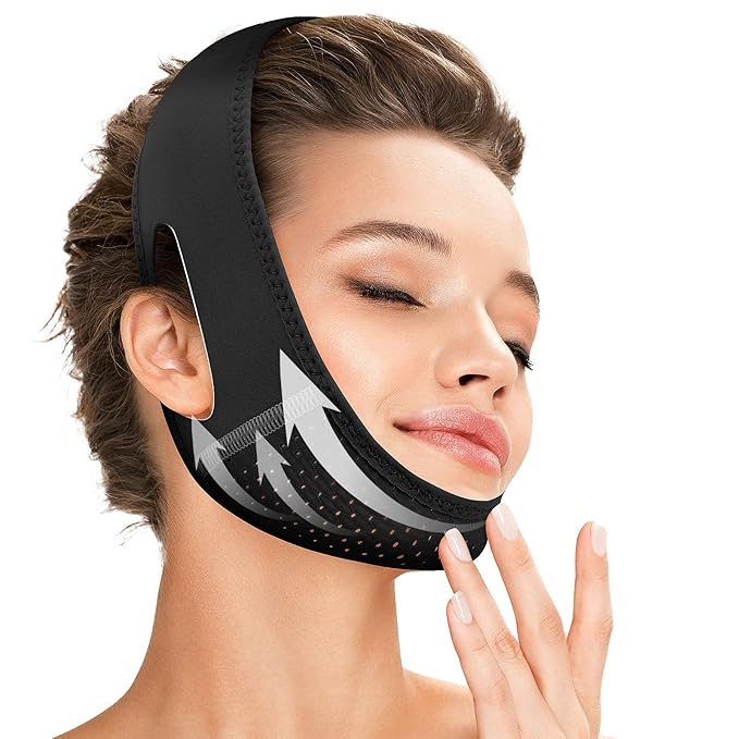 Reusable V Line Lifting Mask with Chin Strap for Sleeping,Double Chin Reducer,Face Lift Prevent Sagging, Jaw Exerciser,Black,M