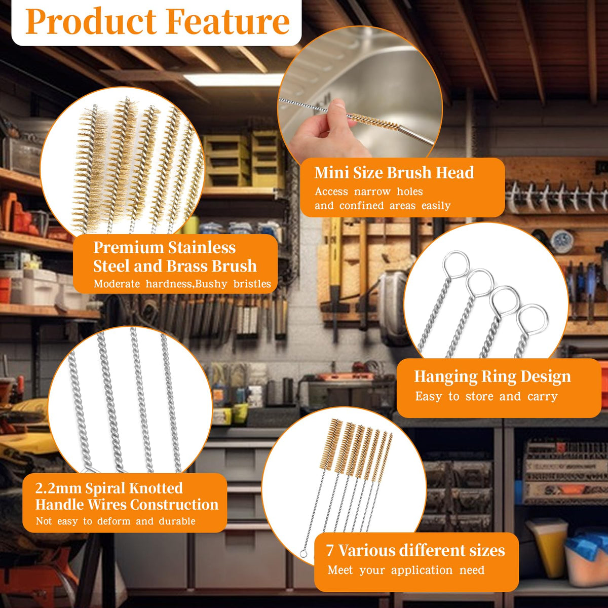 9pcs Tube Cleaning Brush Set 12" Round Long Brass Wire Brushes (9 Count)