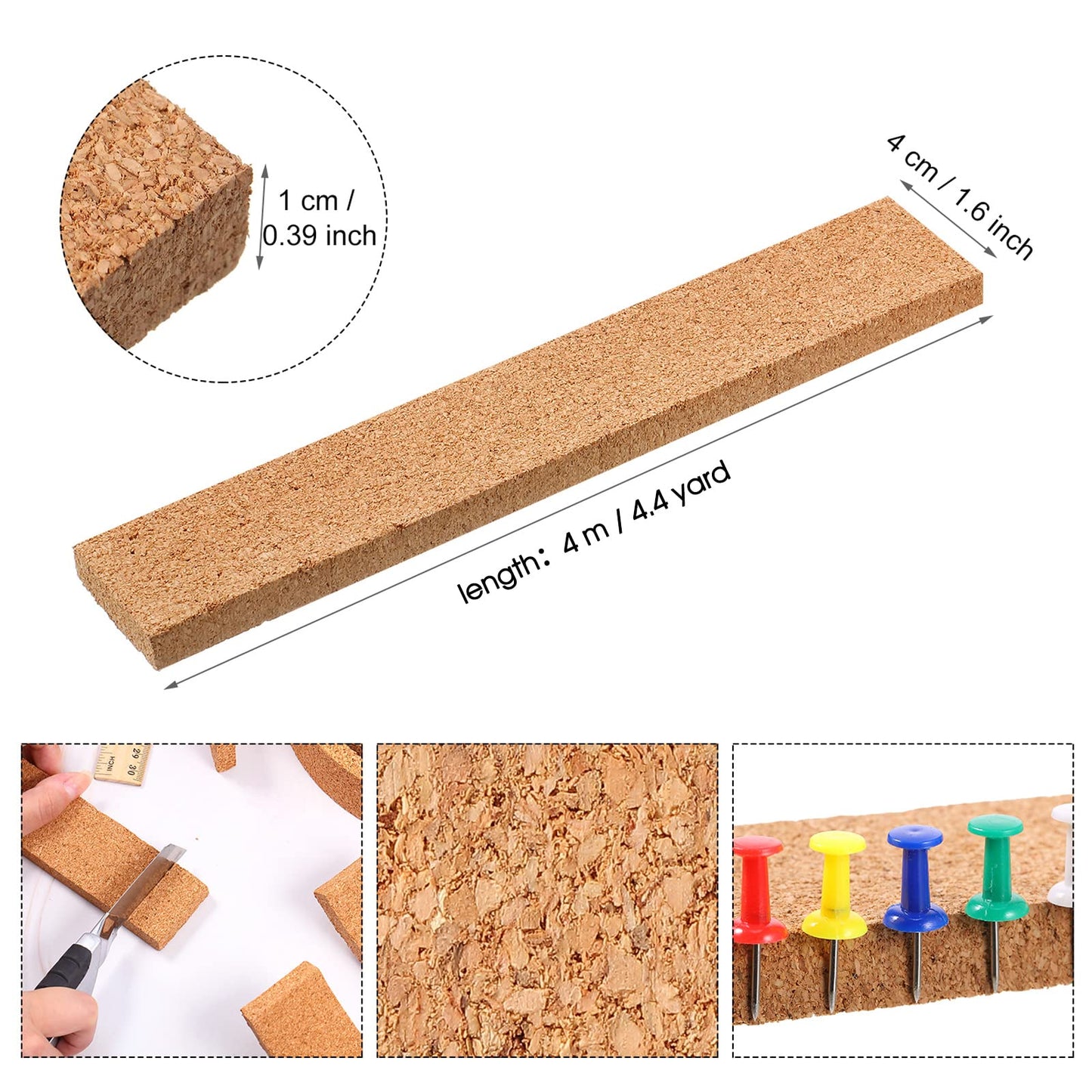 Nuanchu 158 x 1.6 Inch Cork Strips Bulletin Bar Strips Frameless Cork Board with 1 Roll Double Side Tape 100 Push Pins for Classroom Walls School Home Office Notes Photos Decorations(Brown)