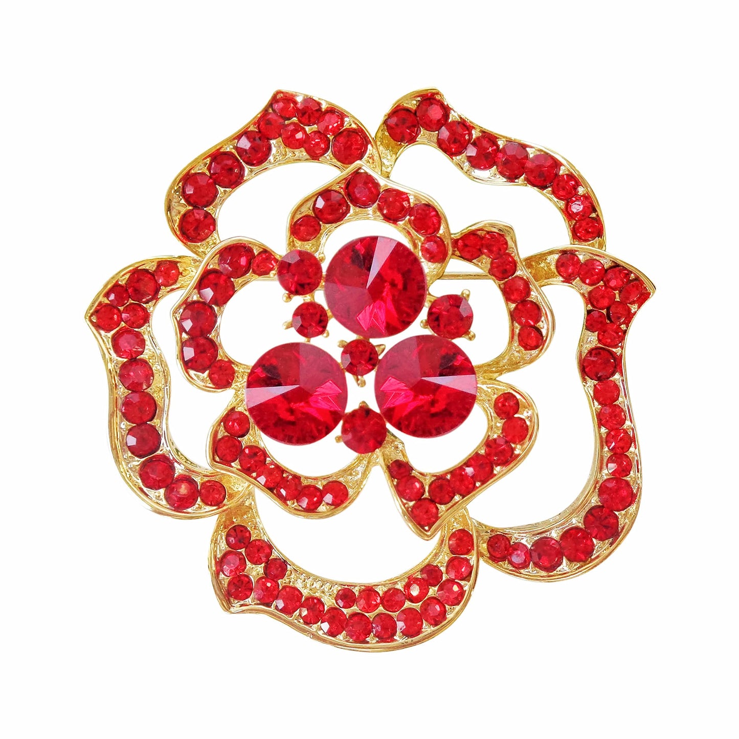 Navachi 18k Gold Plated Red Crystal Blooming Rose Flower Az7436b Brooch pins