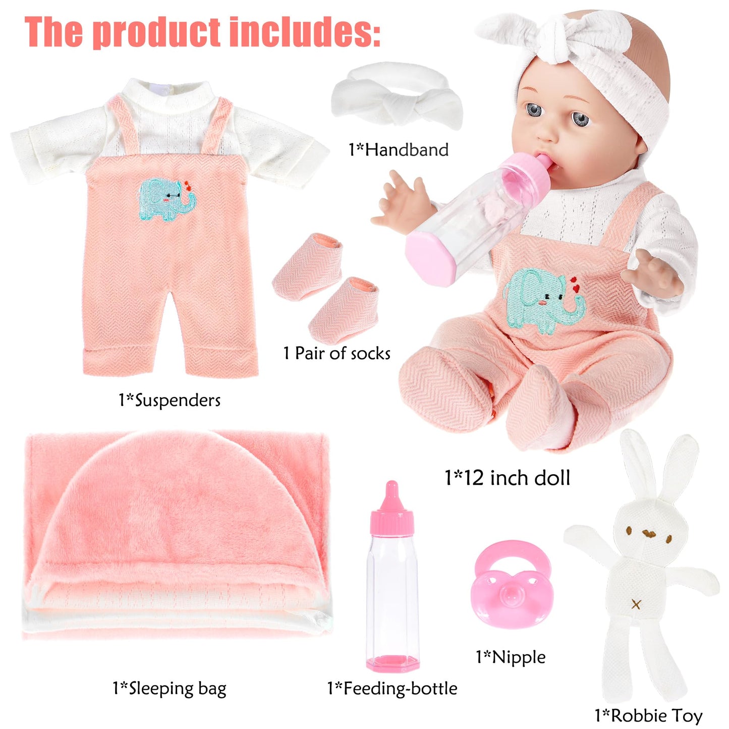 dollbie 12 inch Baby Doll - Adorable Doll and Accessories Including Romper, Sleeping Bag, Feeding Accessories, Rabbit Plush Toy