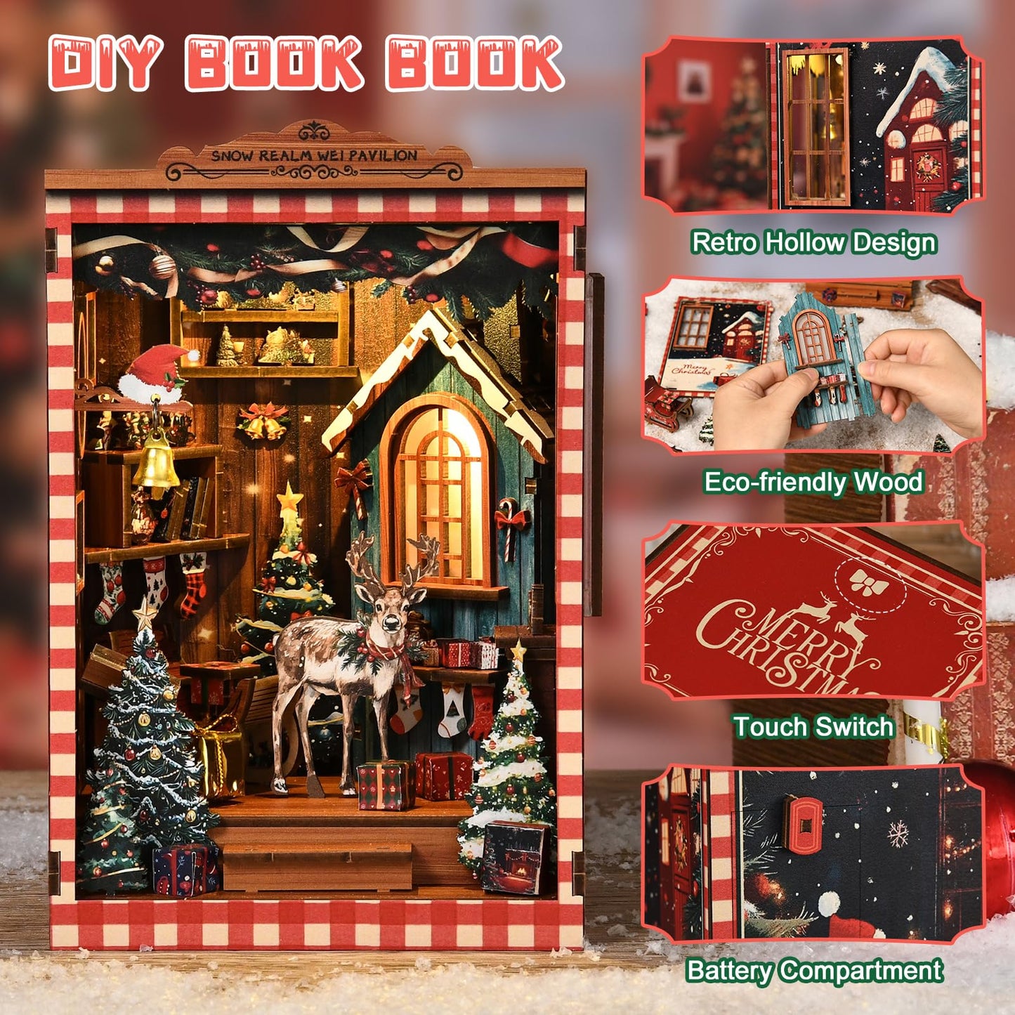 NEXTIPS DIY Mini Book Nook Kit, Snow Realm Wei Pavilion 3D Wooden Puzzle with LED Lights, Christmas Themed Bookshelf Decor, 161 Pcs Adult Craft Model for Home & Gift