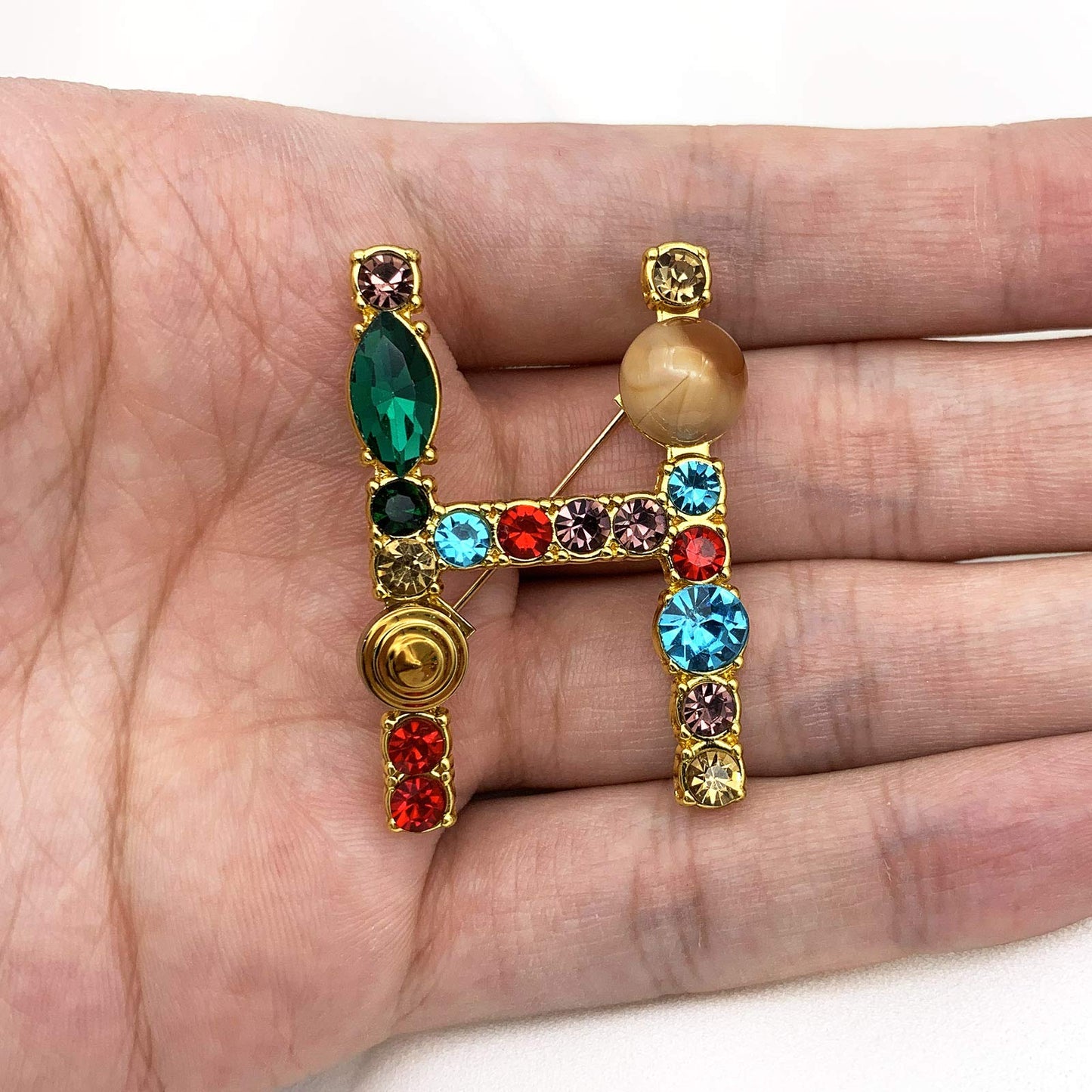 XGALBLA Letters H Plated Metal Stone Clear Colorful Crystal Lapel Pin Brooches Collar(Gold Tone)