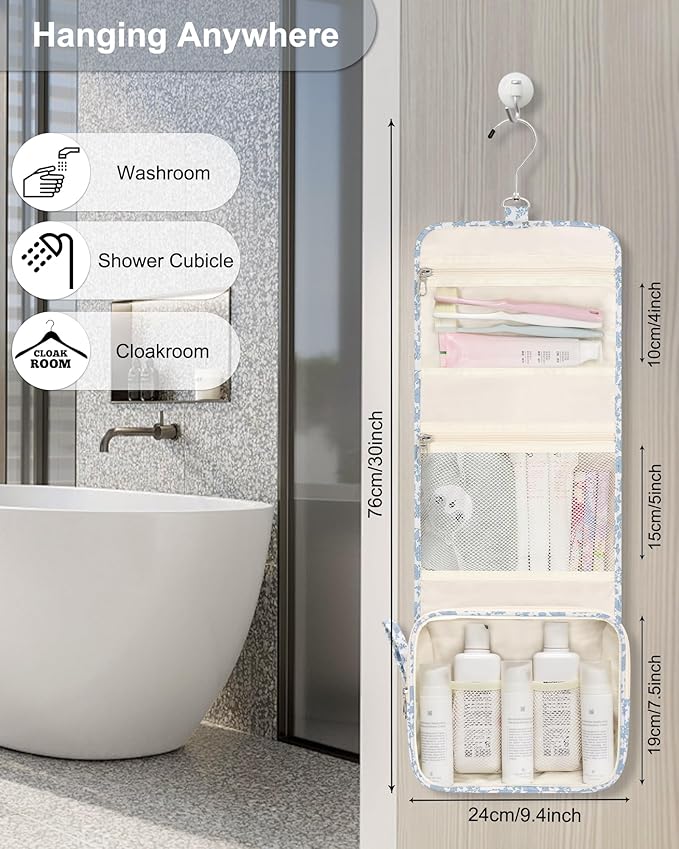 Relavel Small Hanging Toiletry Bag for Men and Women, Portable Hanging Organizer for Travel-Sized Shower Dopp Kit, Waterproof Toiletries Organizer with 3 Compartments for Outdoor - Blue Flower
