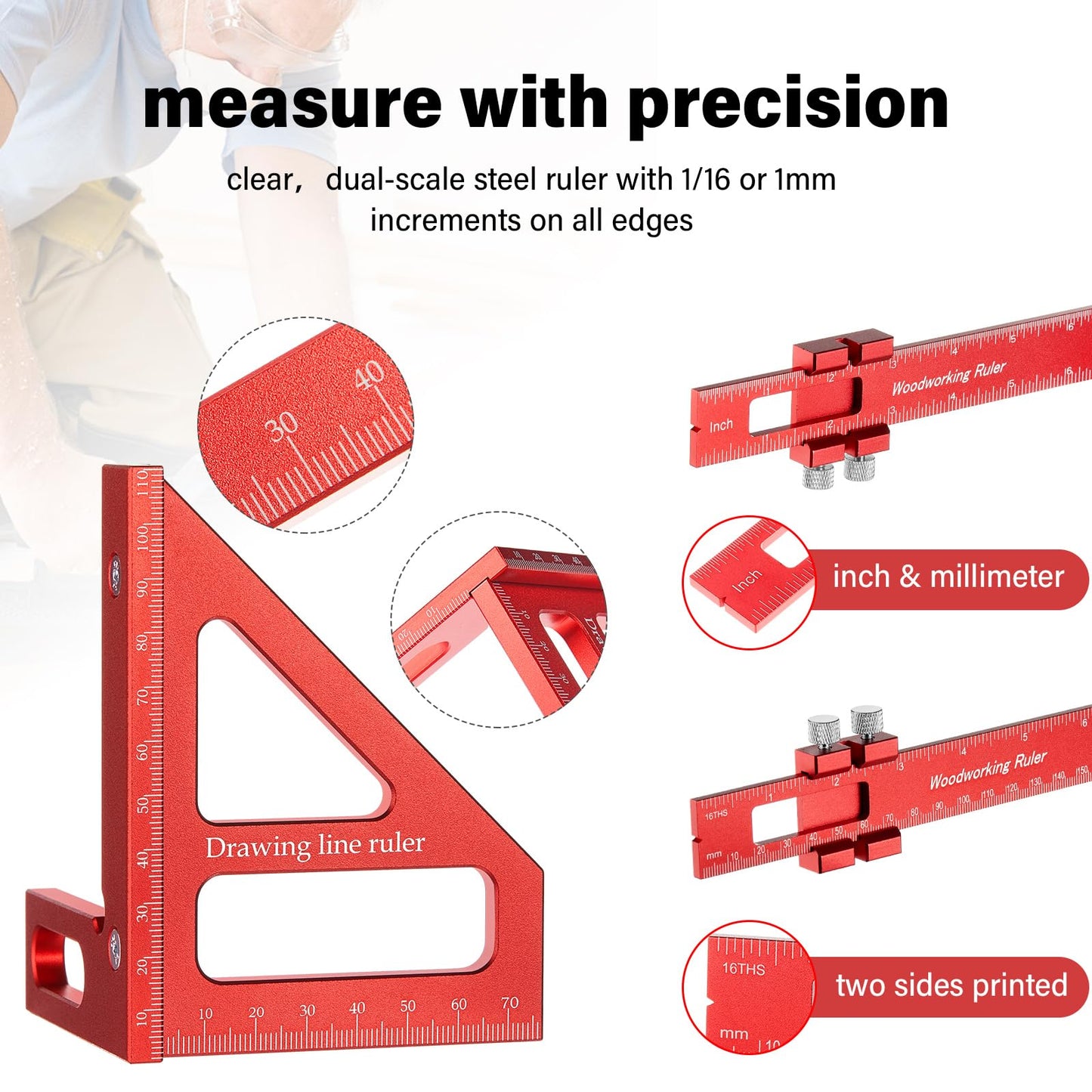 Saysurey 4 Pcs Woodworking Ruler, Metal Precision Pocket Rulers 12, 8, 6 Inch with 3D Multi Angle Measuring Ruler 45/90 Degree for Precision Measuring Marking Inch and Metric
