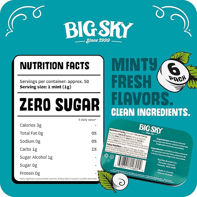 Big Sky Sugar Free Wintergreen Mint Candy, 50g Tin - 6 Count Display Tray