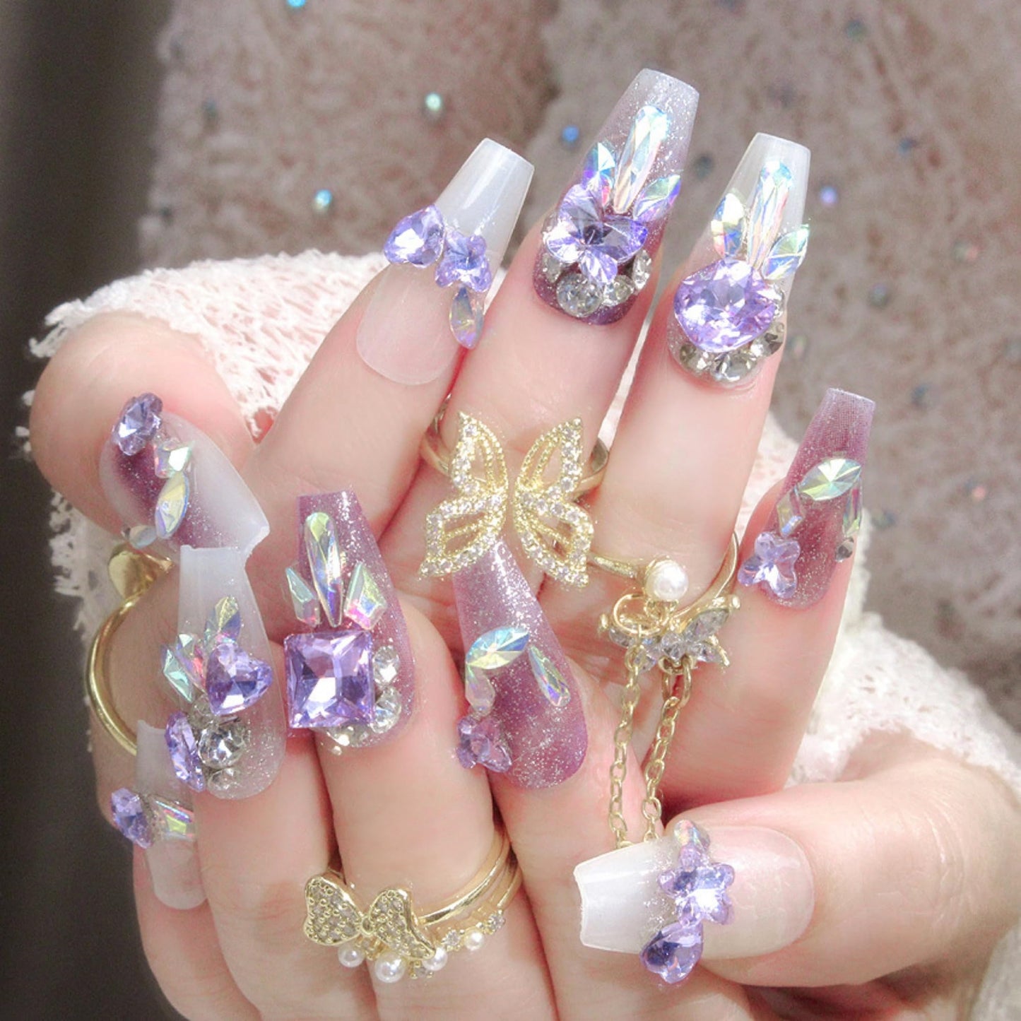 Long Press on Nails Coffin Fake Nails Purple Artificial Nail Rhinestones Designs Sparkly Stick on Nail for Women 24pcs