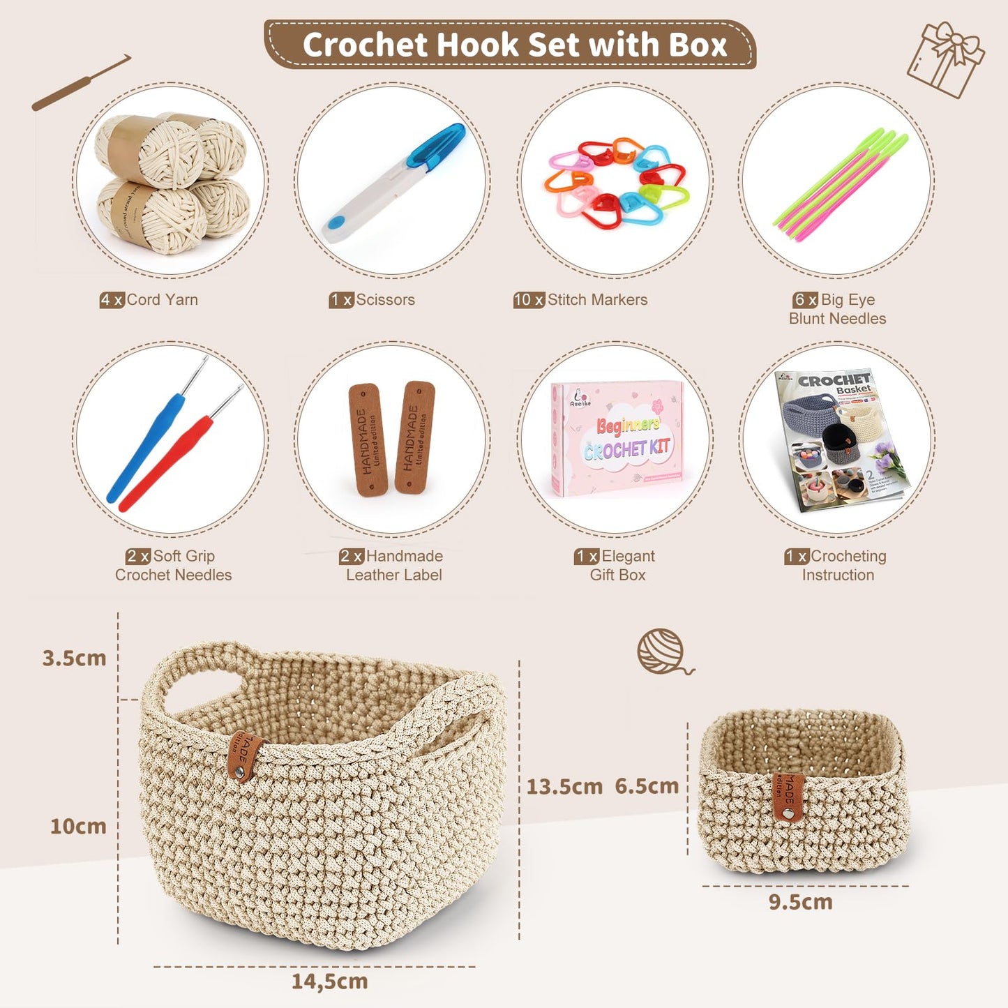 27PCS Crochet Basket Kit for Beginners (L&S), Complete Crocheting Basket for Storage, Knitting Starter Set with Instruction , Beginner Crochet Kit for Adults, Crocheting Gift for Home Decor Family
