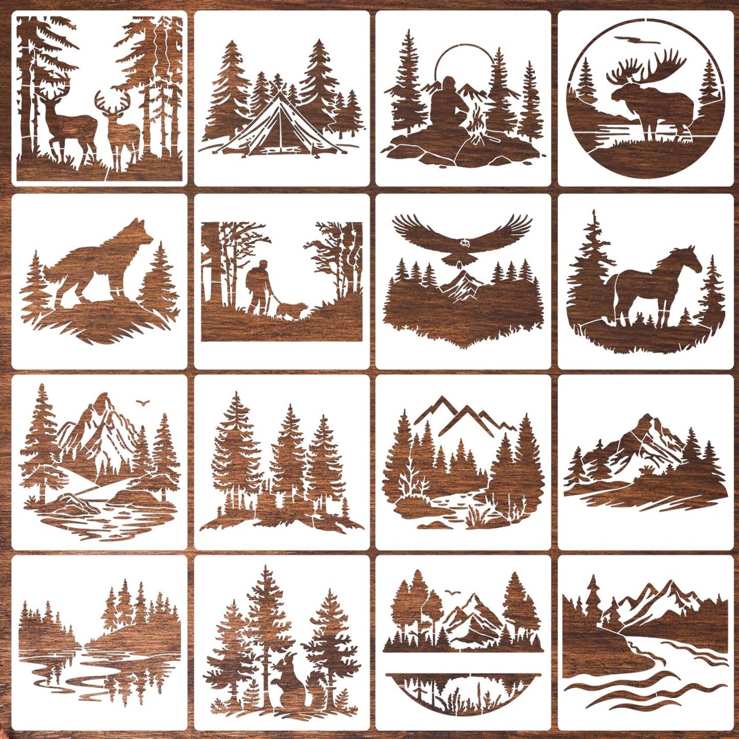 Wood Burning Stencils for Crafts Reusable Forest Wildlife Stencils Mountain Scene Stencil for Painting on Wood Fabrics DIY Crafts