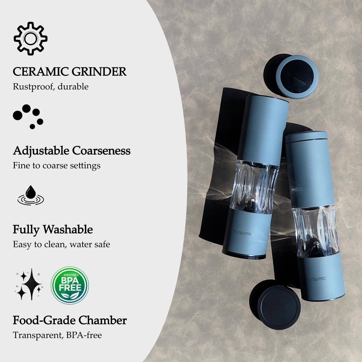 Salt and Pepper Grinder Set with Adjustable Coarseness | Manual Pepper Mill Grinder with Refillable Design | Ceramic Core | Kitchen Essential (2 Packs, Greige)