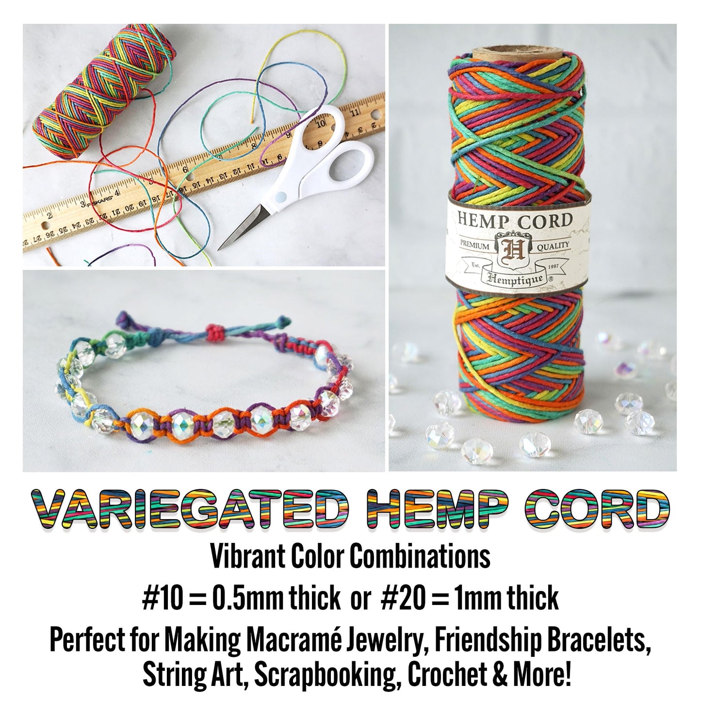 Hemptique 100% Hemp Cord Spool - 62.5 Meter Hemp String - Made with Love - No. 20 ~ 1mm Cord Thread for Jewelry Making, Macrame, Scrapbooking, DIY, & More - Variegated Rainbow