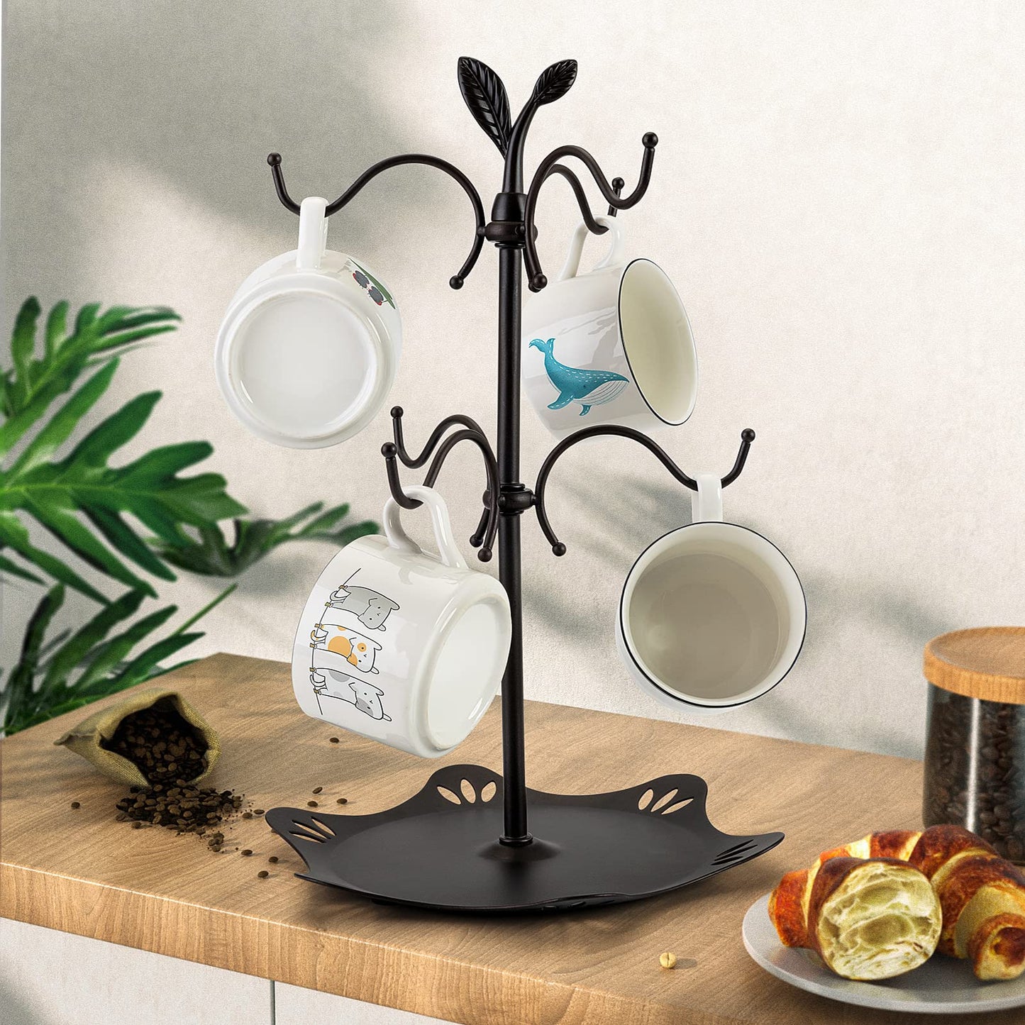 Coffee Mug Holder for Large Mugs, Mug Tree for Counter, Cup Holder for Countertop, Mug Rack with Tray, Metal Mug Tree with 6 Hooks, Coffee Counter Bar Accessory & Kitchen Home Organizer