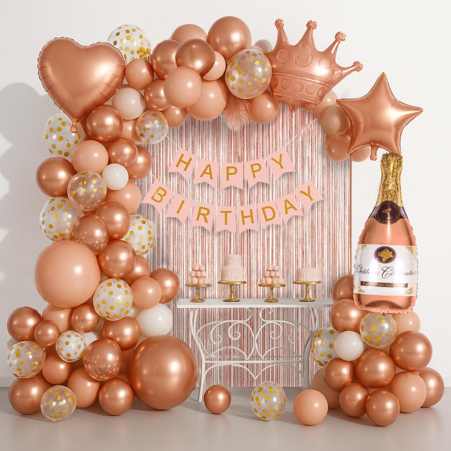 BURGANN Rose Gold Birthday Party Decorations Set, White Silver Gold Balloon Garland Kit with Banner, Crown, Champagne Bottle, Foil Backdrop
