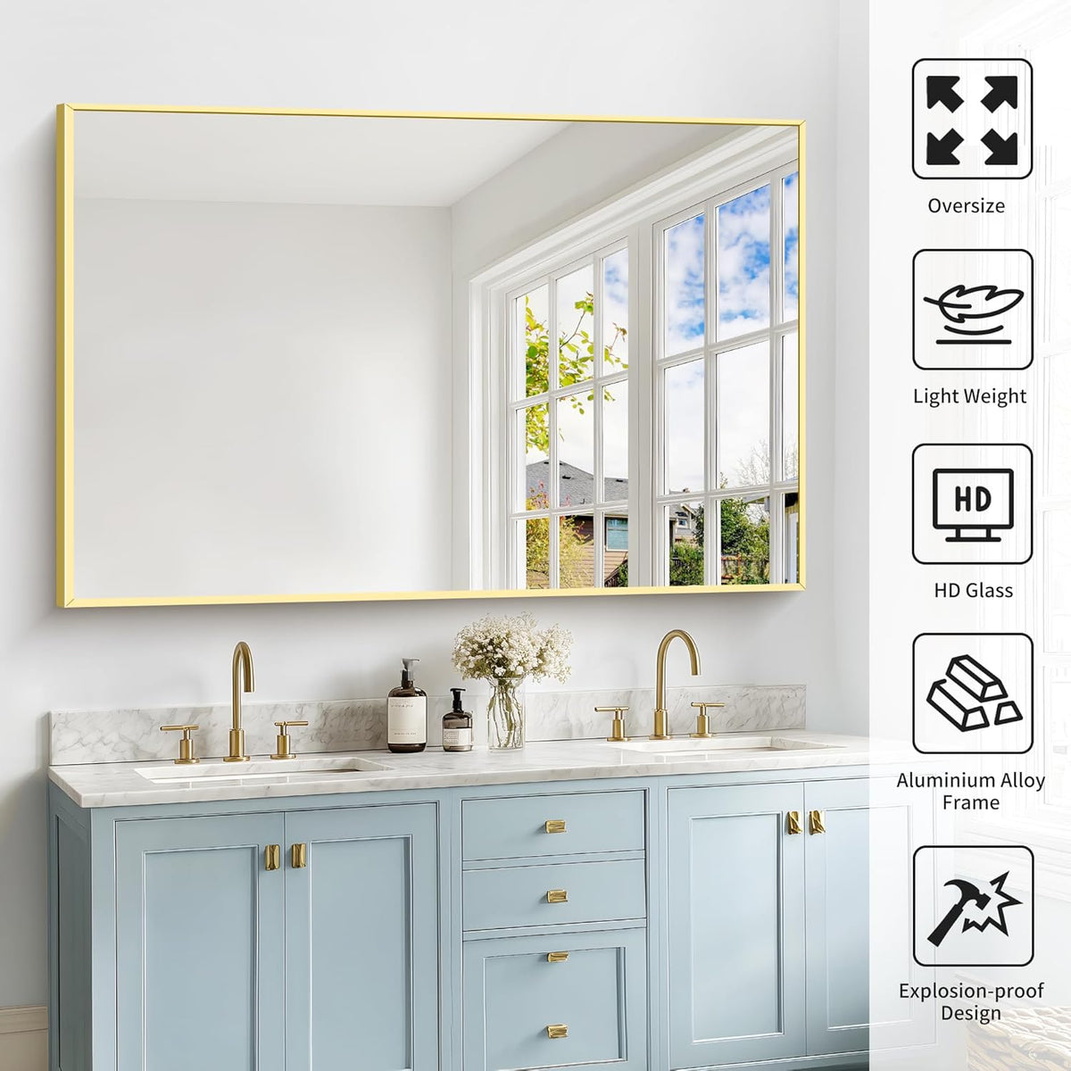 40x60inch Gold Bathroom Mirror, Gold Rectangle Mirror with Frame, Large Rectangular Wall Mirrors for Bathroom, Living Room, Hair Salon, Big Farmhouse Mirror Hang Horizontal/Vertical