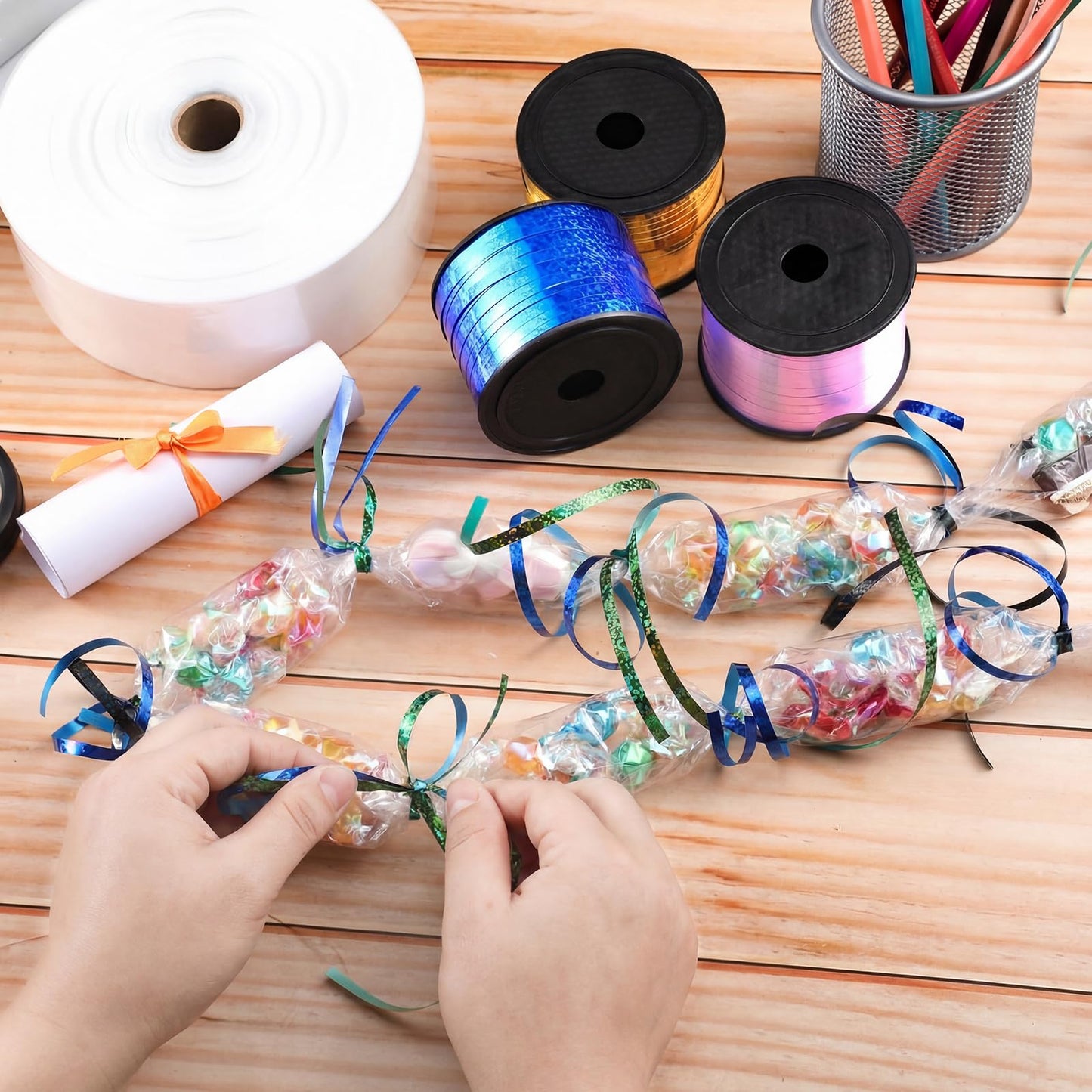 Berlune Candy Lei Making Kit for Graduation Party Favor Include 2 in x 1000 ft Poly Tubing 3 Rolls Curling Gift Ribbon 300 Yd/ 900 ft and Scissor for Hawaii Tropical Wedding DIY(Purple, Blue, Yellow)