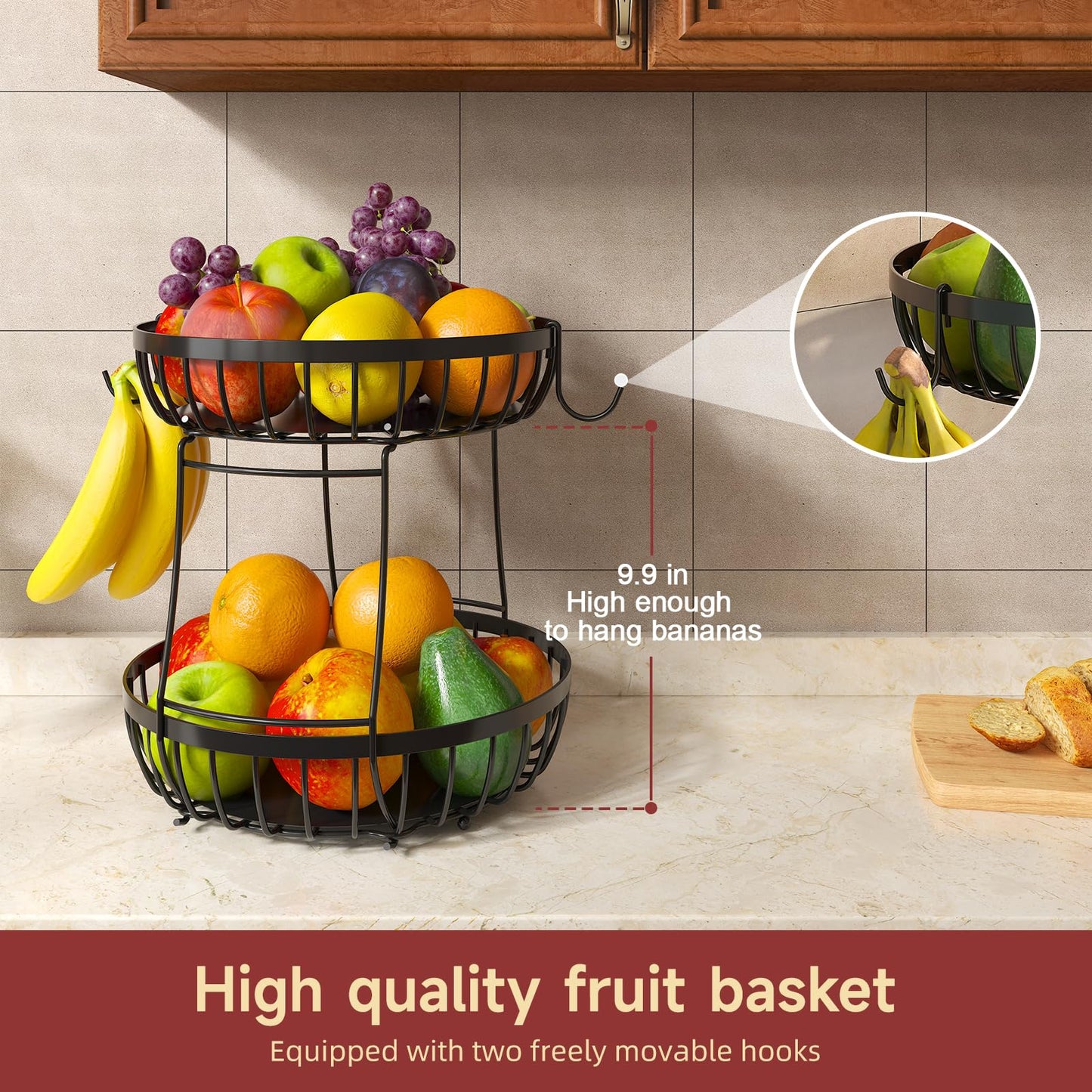 Sevenblue 2 Tier Fruit Basket for Kitchen Counter with 2 Banana Hangers, 2026 Pro Detachable Metal Fruit Bowl with Wooden Handle,Fruit Holder for Bread Snack Veggies, Black Extra Large